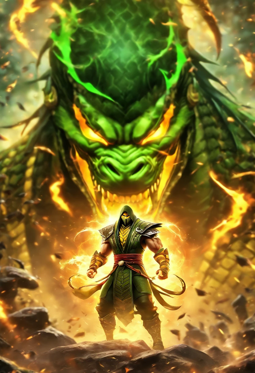 Mortal Kombat Reptile, comes out of the forest in the fog, atmosphere of darkness and horror, uhd image, mosaic-inspired realism, --ar 71:121 --s 750 --niji 5