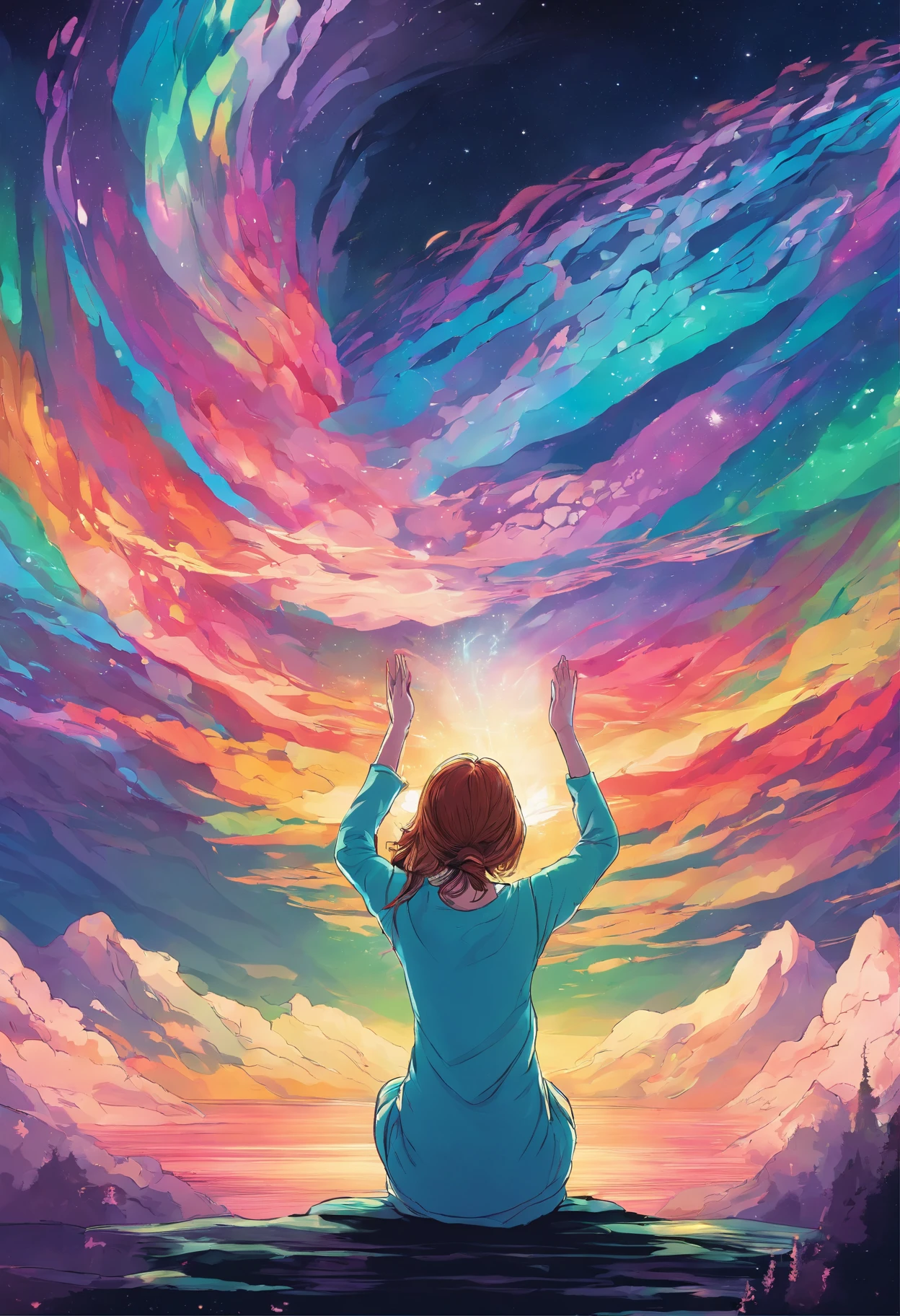 Rainbow aurora borealis background with girl in foreground praying