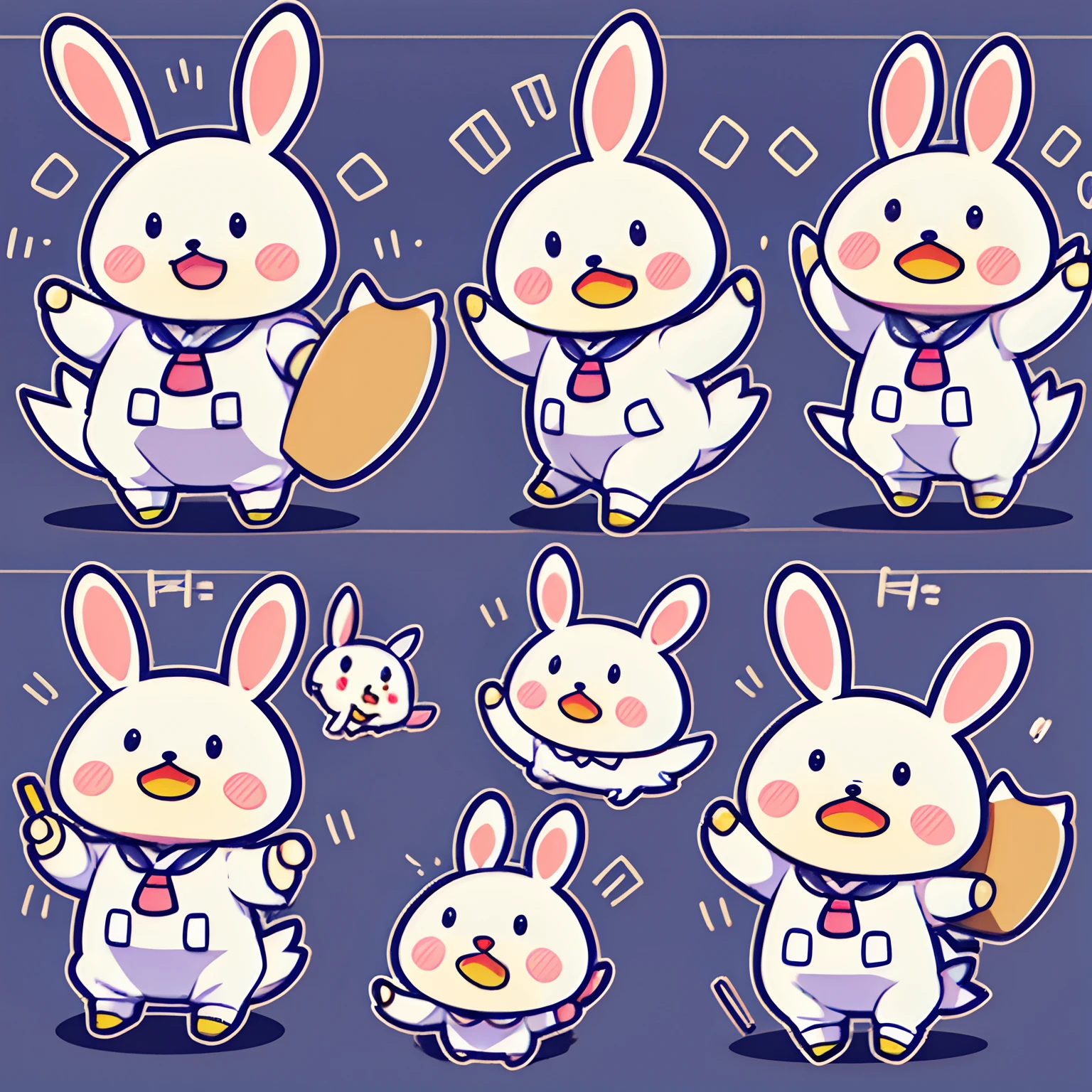 Drawing of rabbit daily schedule sticker,in the style of hallyu,screenshotsaturday,Duck plush doll art,exaggerated poses,[cheerfulness,Angry,Sad,Cry,Cute,expecting,Laughing,Disappointed],White background --ar3:4 --Niji 5 --Lovely style
