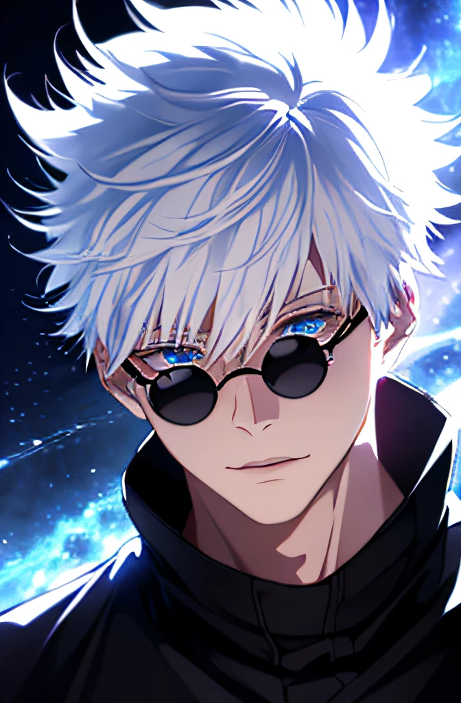 ((high detailing、Cinematic lighting))、messy white hair、Aquamarine eyes、White lashes、Divine Rays、Ray tracing、drop shadow、optical illusion、The upper part of the body、Looking at the camera、Master Parts、((super detailing、Best Quality、8K))、Jujutsu Kaisen、Gojo Gojo、Black costume、Surgical unfolding、Perfect black jet background、serene expressions、Be powerful、mystic atmosphere、(Strange moonlight、ominous shadows、 Intense blue aura、 Intense red aura、Symbol of the power that surrounds you、Radiating magical energy、Mystical artifacts、Ether particles、dynamicposes、Epic soundtrack、Sense of Wonder、(((Detailed hand)))、Lunette de soleil