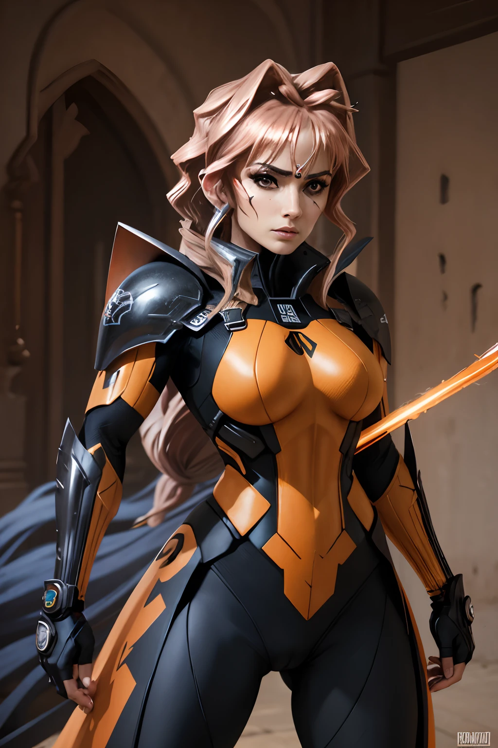 Una mujer con un traje negro y naranja sosteniendo una espada, Deathstroke, Pose ruda, Traje X-Force de cuerpo completo, Boceto coloreado de alta calidad, coloreado digitalmente, epic, celda sombreada!!!, Foto de perfil