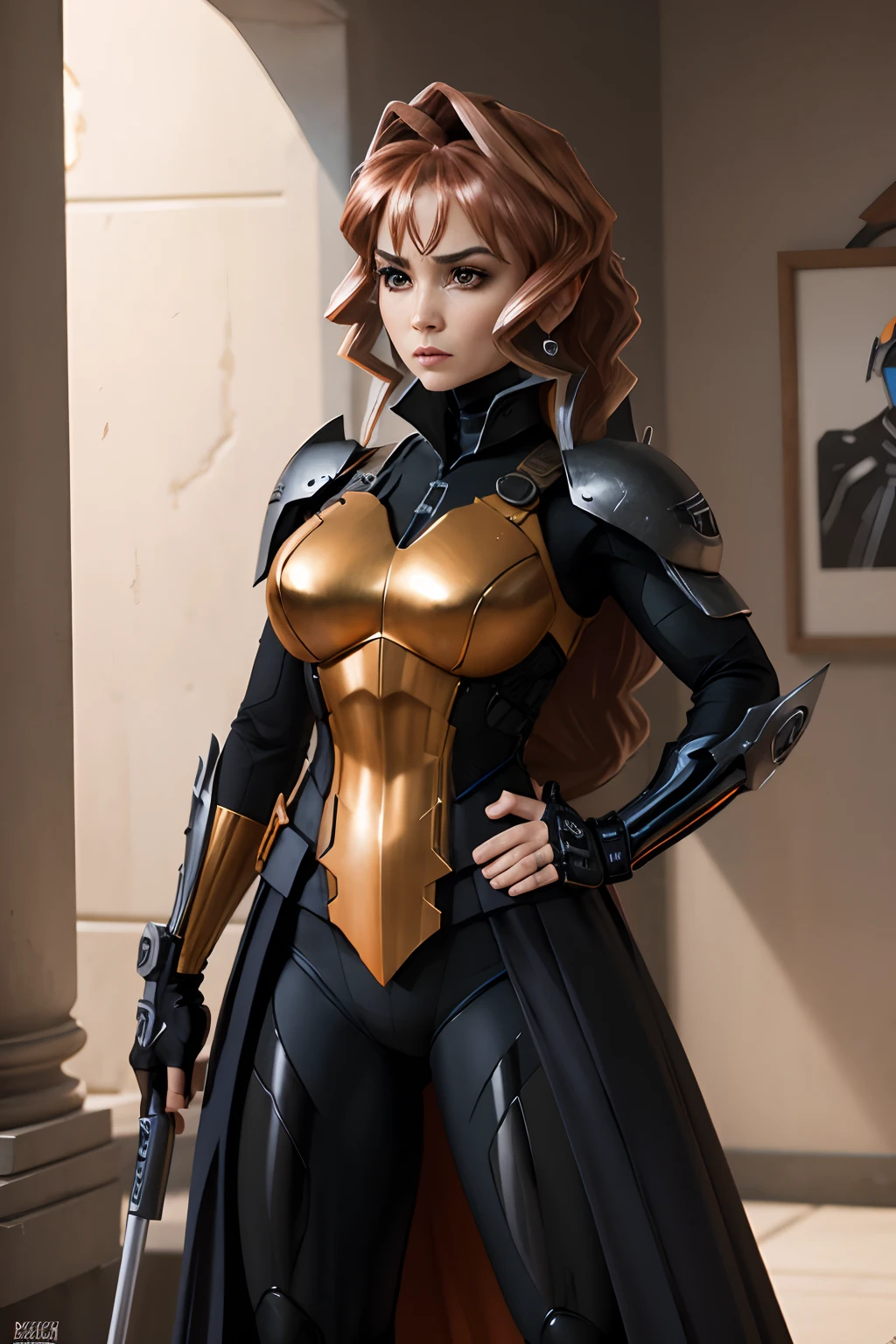 Una mujer con un traje negro y naranja sosteniendo una espada, Deathstroke, Pose ruda, Traje X-Force de cuerpo completo, Boceto coloreado de alta calidad, coloreado digitalmente, epic, celda sombreada!!!, Foto de perfil