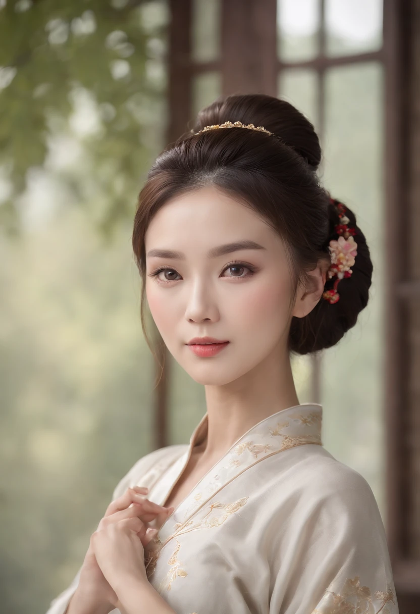 A beautiful woman dressed in Han costume，Holding a painting in both hands，hair-bun，Hanfu，middle aged women，aged 40，Stunning，｛Full body like｝，(Best quality,4K,8K,A high resolution,Masterpiece:1.2),(Ultra-detailed),(Realistic,Photorealistic,photo-realistic:1.37),(hdr),(hyper HD),(Studio lighting),(Ultra-fine painting),(Sharp focus),(Physically-based rendering),(Extreme detail description),(professional),(Vivid colors),(Bokeh),(sportrait),(Chinese calligraphy),(Warm color tones),(Soft lighting)，Chinese Ancient Architecture