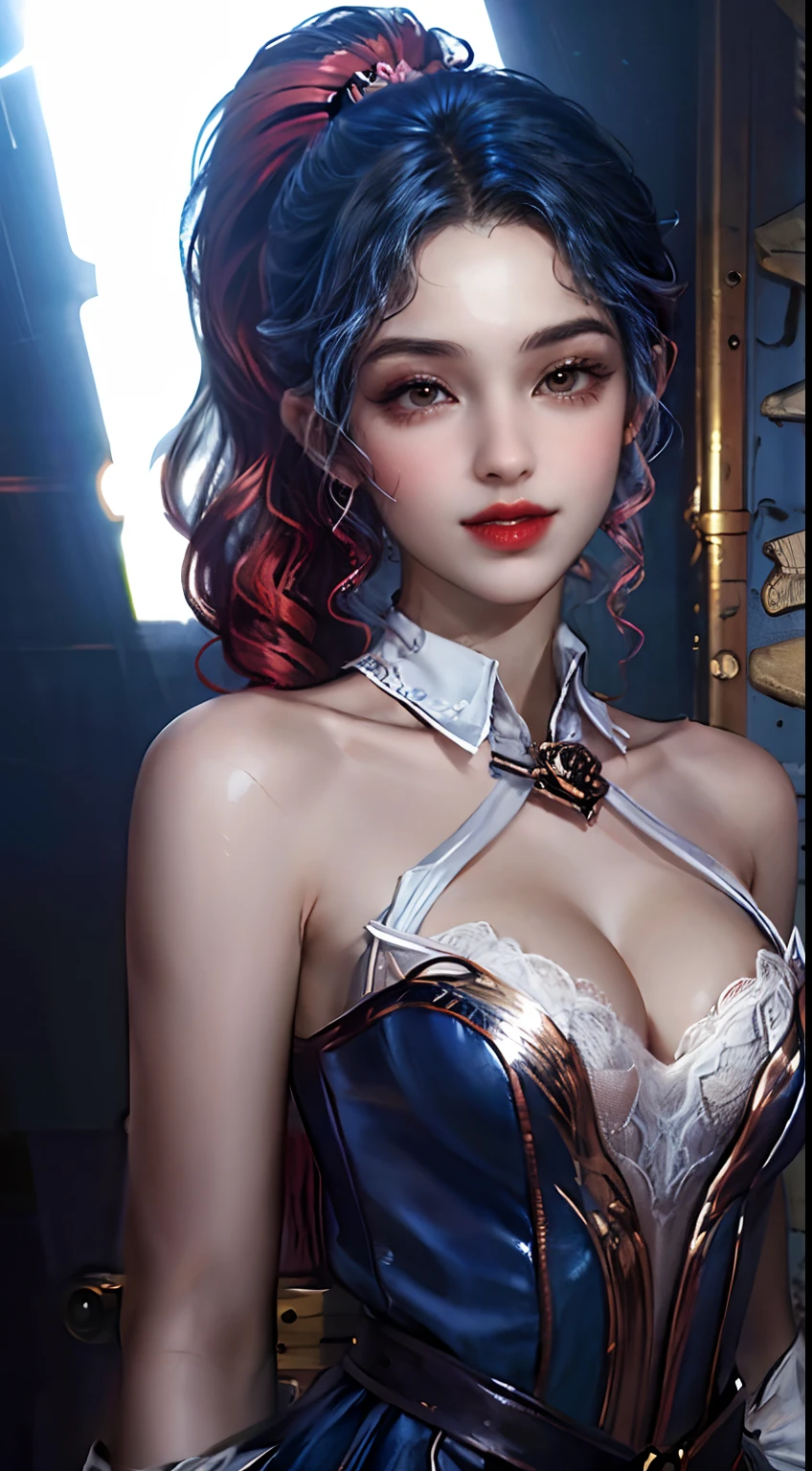 ultra-detailed, masterpiece, highest quality, love letter, realistic, 1girl, ponytail, parted lips, blush, makeup, light smile,narrow waist, sunbeam, sunlight, rose, wind, cleavage, (masterpiece), sweat,