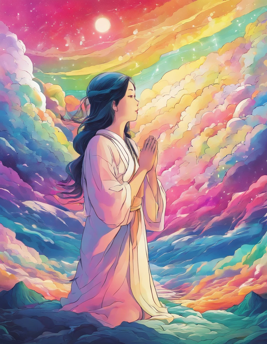 Rainbow aurora borealis background with girl in foreground praying