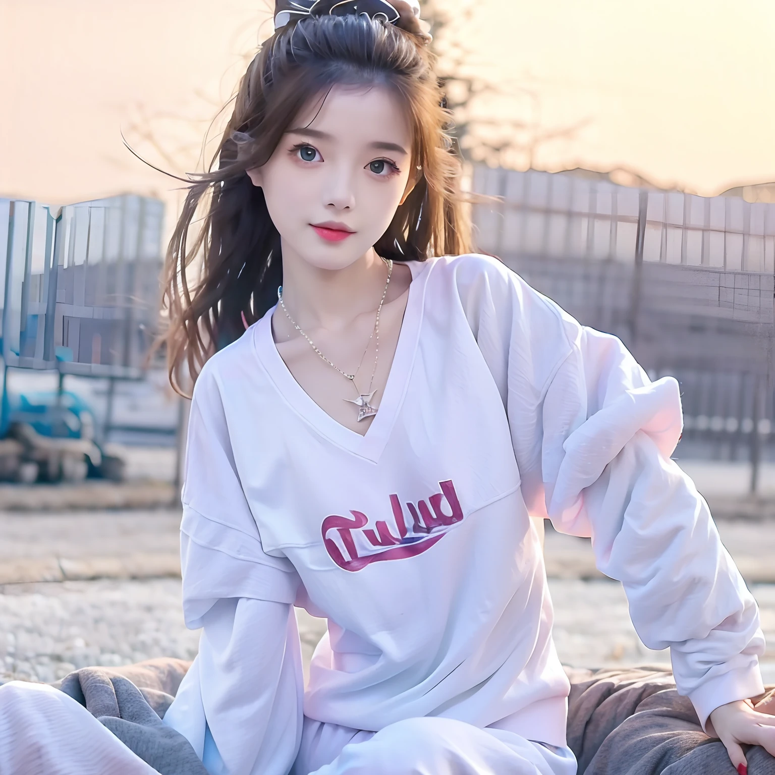 (Masterpiece, Best quality;1.3), Extremely detailed ,Ultra detailed, 1girll,Wearing a white sweatshirt,blue short pants,Lie on the bed,yellow long hair,Snow-white skin,Exaggerated necklace,Tattooed with