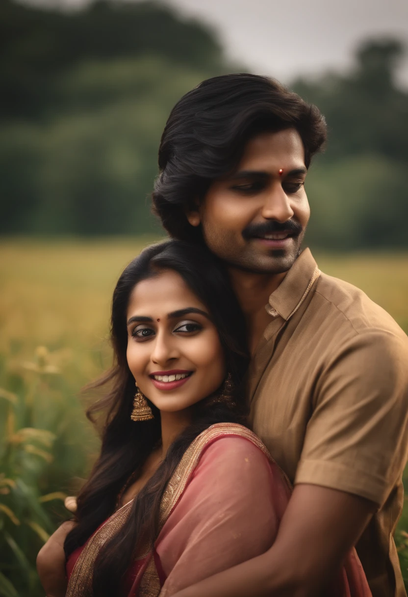 a beautiful couple romantic pose n and beautiful woman, Embraced, field, , cuddleso men, back to back, 4k, illustration, digital drawing, animification,y, couple, illustrate, man and women looking at camera, malaysian indian, tamil