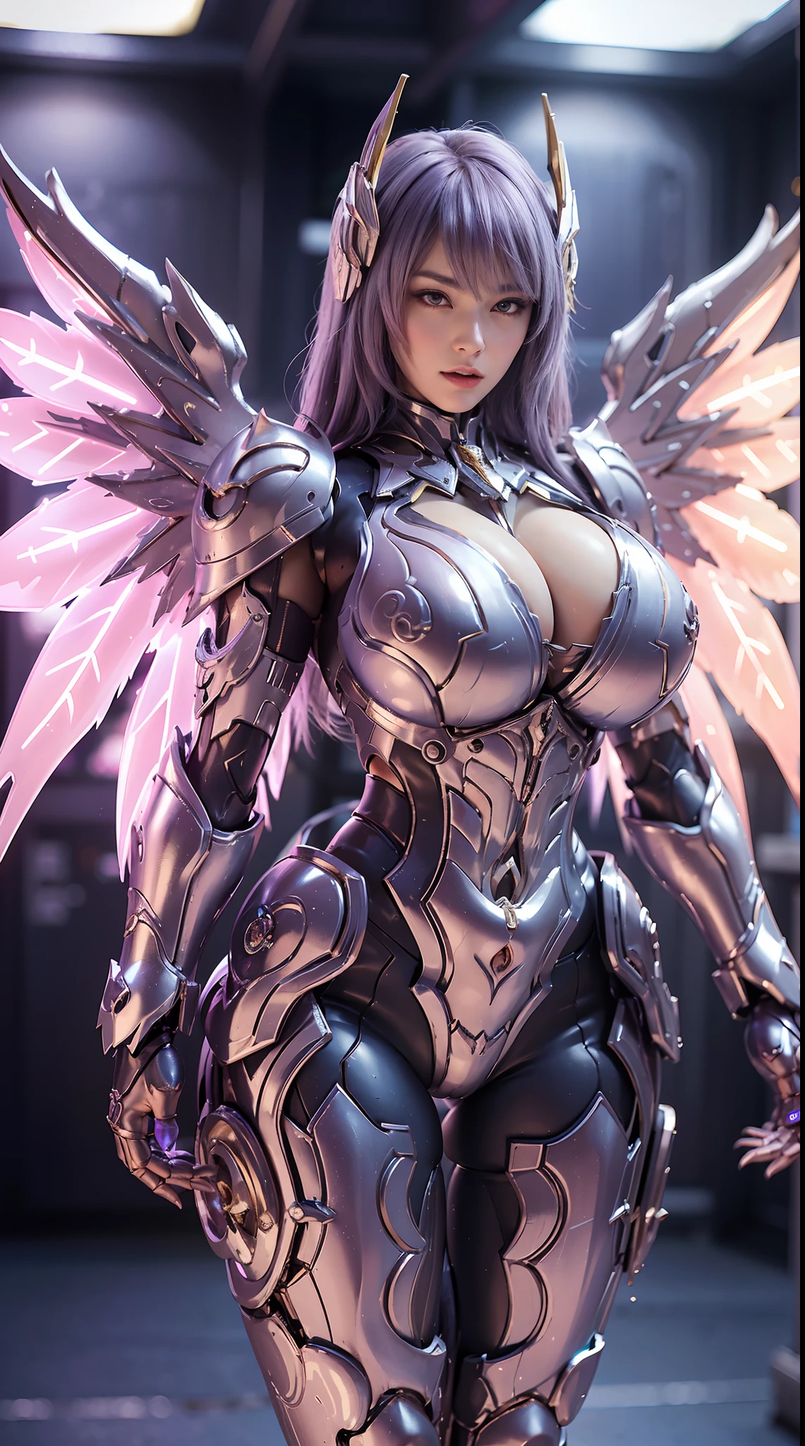 A WOMAN, BEAUTIFULL FACE, HUGE BOOBS, RGB, WHITE, GOLD, PURPLE, MECHA ARMOR FULL SUIT, (CLEAVAGE), (A PAIR LARGEST WINGS), TRANSPARANT, TALL LEGS, STANDING, SEXY BODY, MUSCLE ABS.
