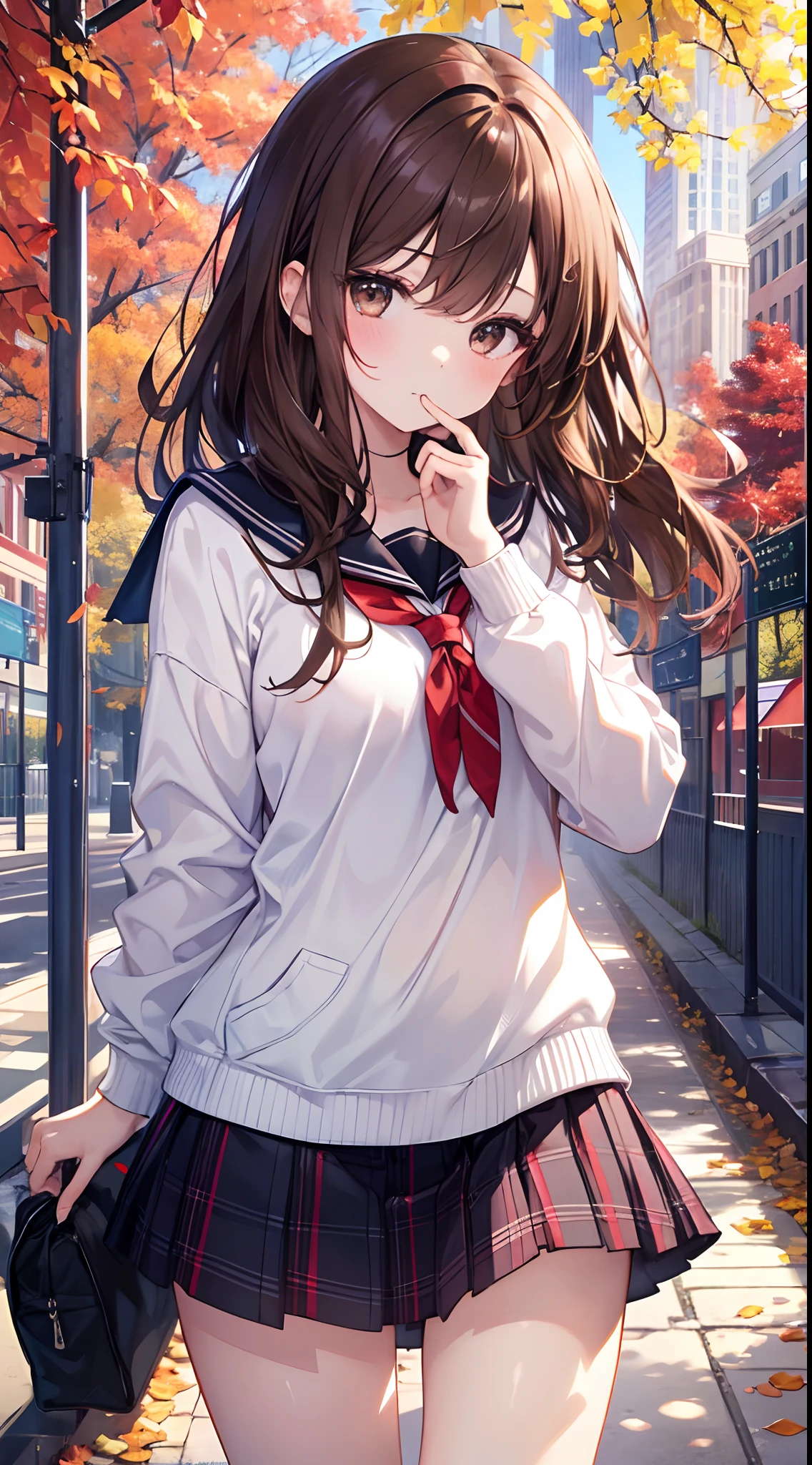 Hi-Res、​masterpiece、Brown hair、Soio、Female one、hi-school girl、a park、Colored leaves、细致背景、A detailed eye、（（Brown-eyed））,Beautiful and perfect legs, Clean and perfect hands