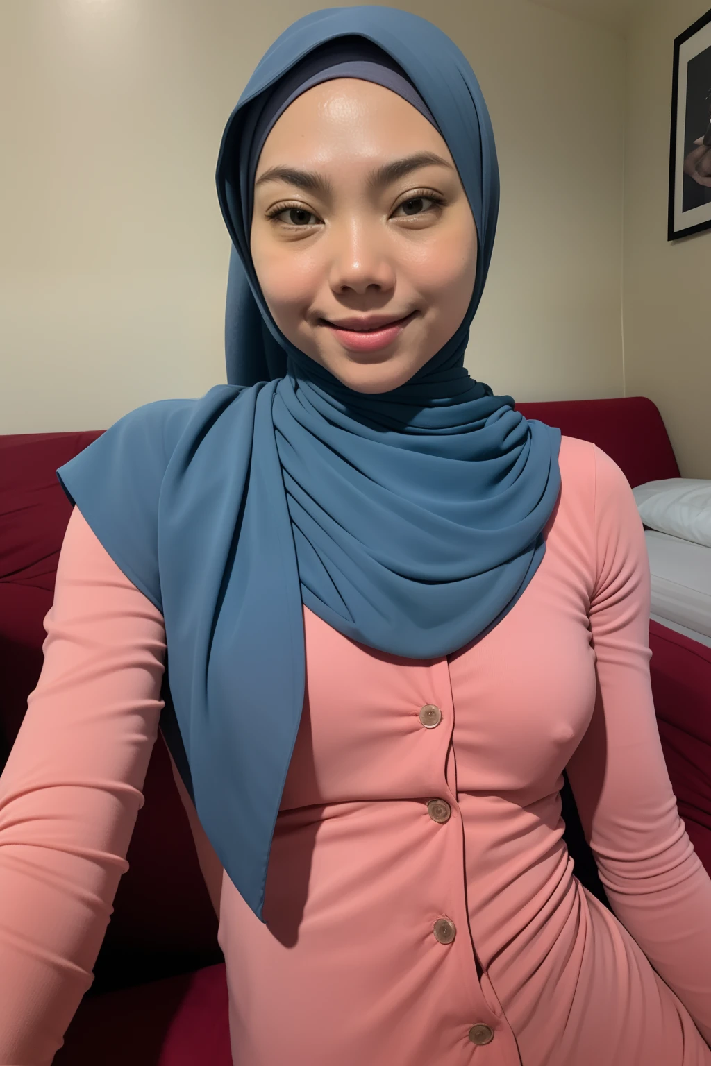 matured malay woman in hijab wearing sexy red color underwear sleeping in bed portrait photography, lying in bed, mid shot photo, ultra detail, professional photograph with professional lighting, smile, light blue bed, bedroom, sexy seducing sleep pose, curvy