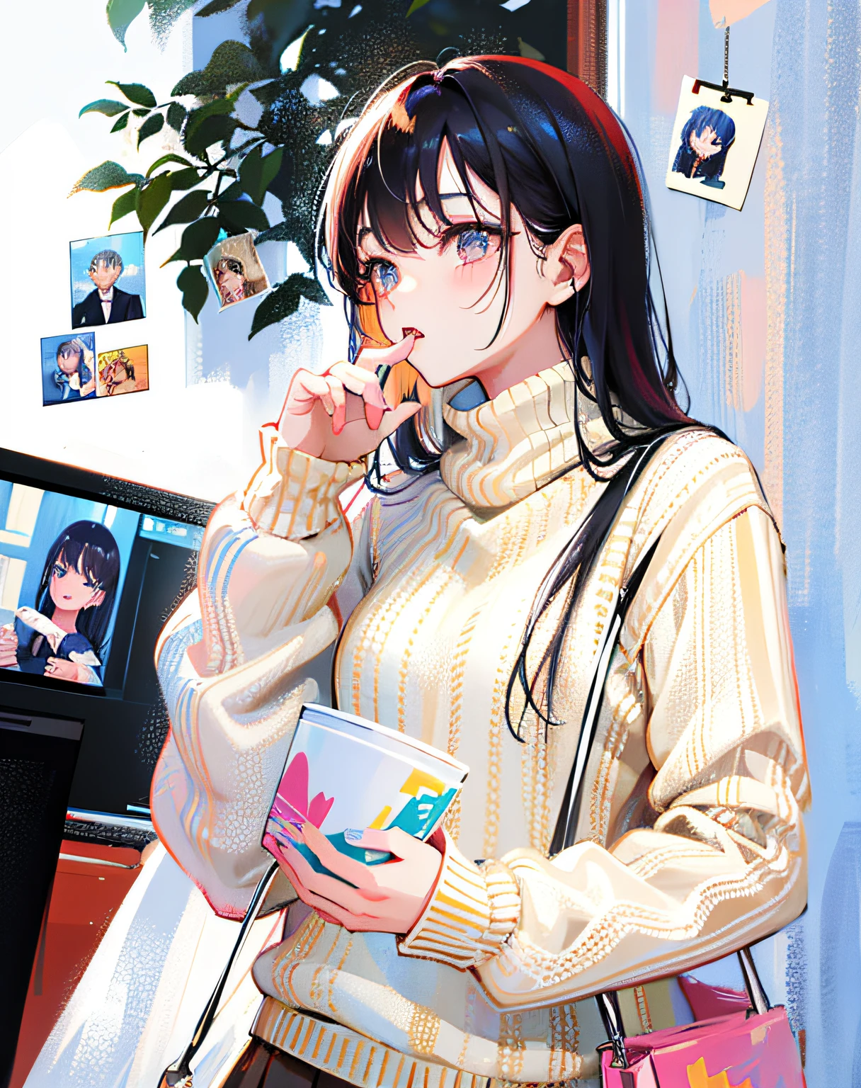 (Realistic painting style:1.0), Masterpiece, Best quality, absurderes, comic strip, illustration,
1 girl, Long hair, Black hair, Cute girl, young and cute girl, Korean girls, {Breasts}, 
long-sleeves sweater, Wear a long-sleeved sweater, Beige sweater,