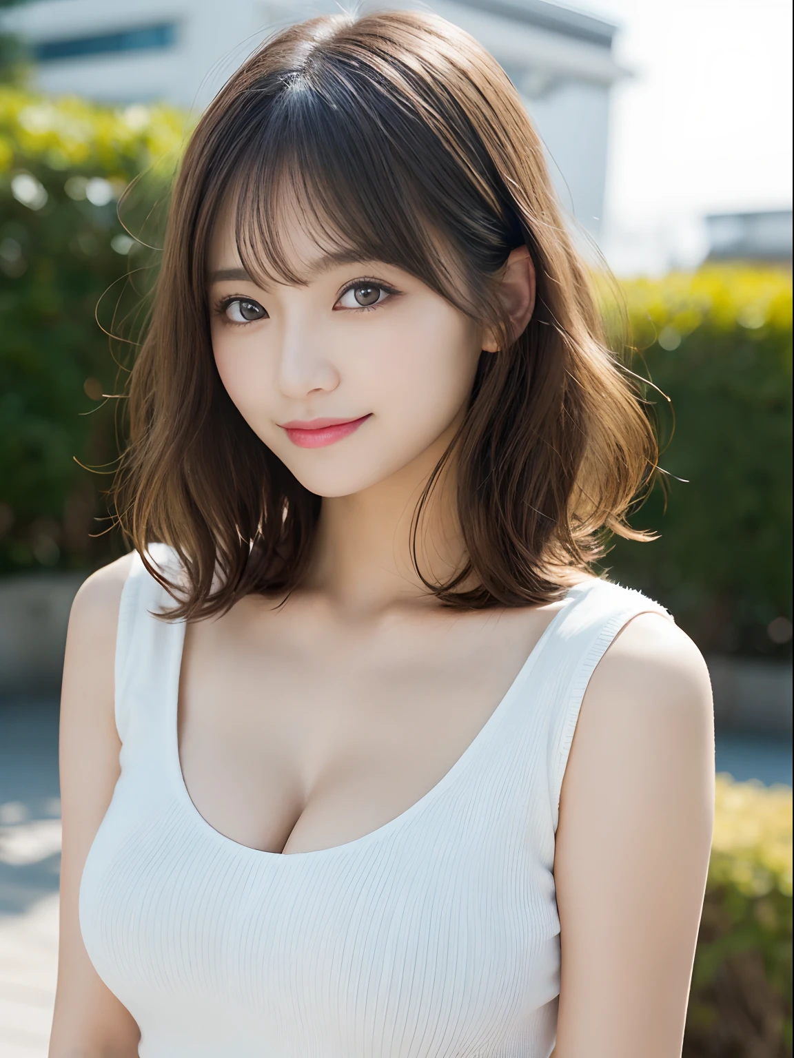 (​masterpiece:1.3), (8K, Photorealsitic, Raw photography, Top image quality: 1.4), One of the most beautiful people in Japan、hair messy, asymmetrical bangs, light brown hair、cleavage of the breast:1.2、Super Detail Face、Eye of Detail、二重まぶた、Bring your chest together、foco nítido:1.2、prety woman:1.4、light brown hair、top-quality、​masterpiece、超A high resolution、(Photorealsitic:1.4)、Highly detailed and professional lighting smile、slender、girl、Young Pretty Gravure Idol、韓国アイドル、hposing Gravure Idol、女優、age19、tall,