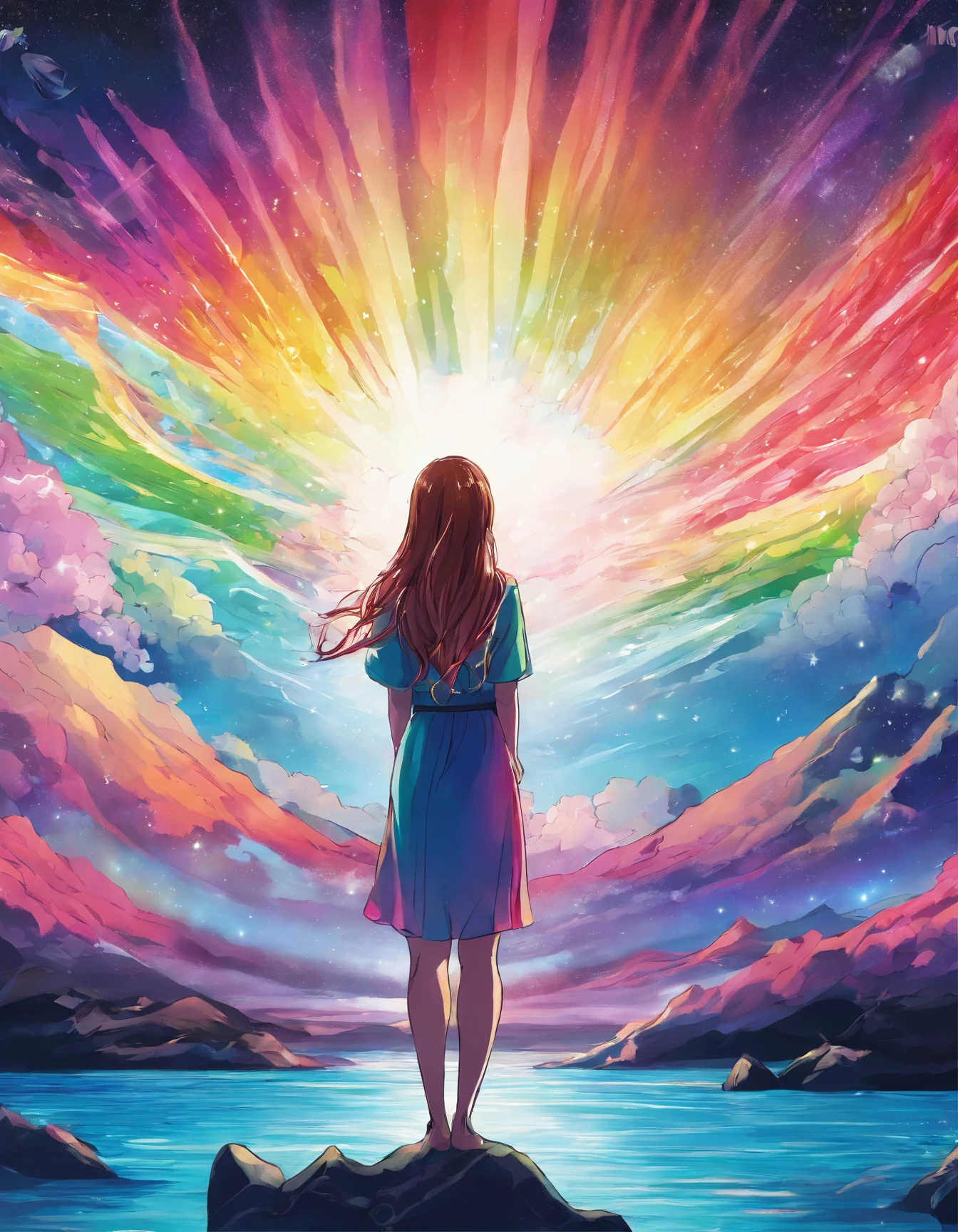 Rainbow aurora borealis background with girl in foreground praying
