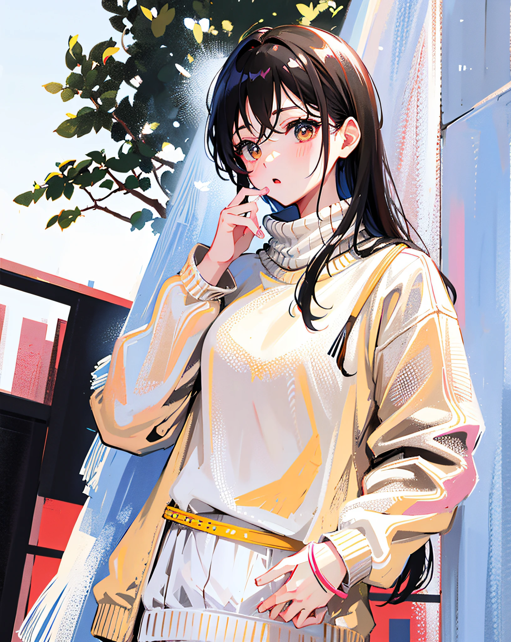 (Realistic painting style:1.0), Masterpiece, Best quality, absurderes, comic strip, illustration,
1 girl, Long hair, Black hair, Cute girl, young and cute girl, Korean girls, {Breasts}, 
long-sleeves sweater, Wear a long-sleeved sweater, Beige sweater,