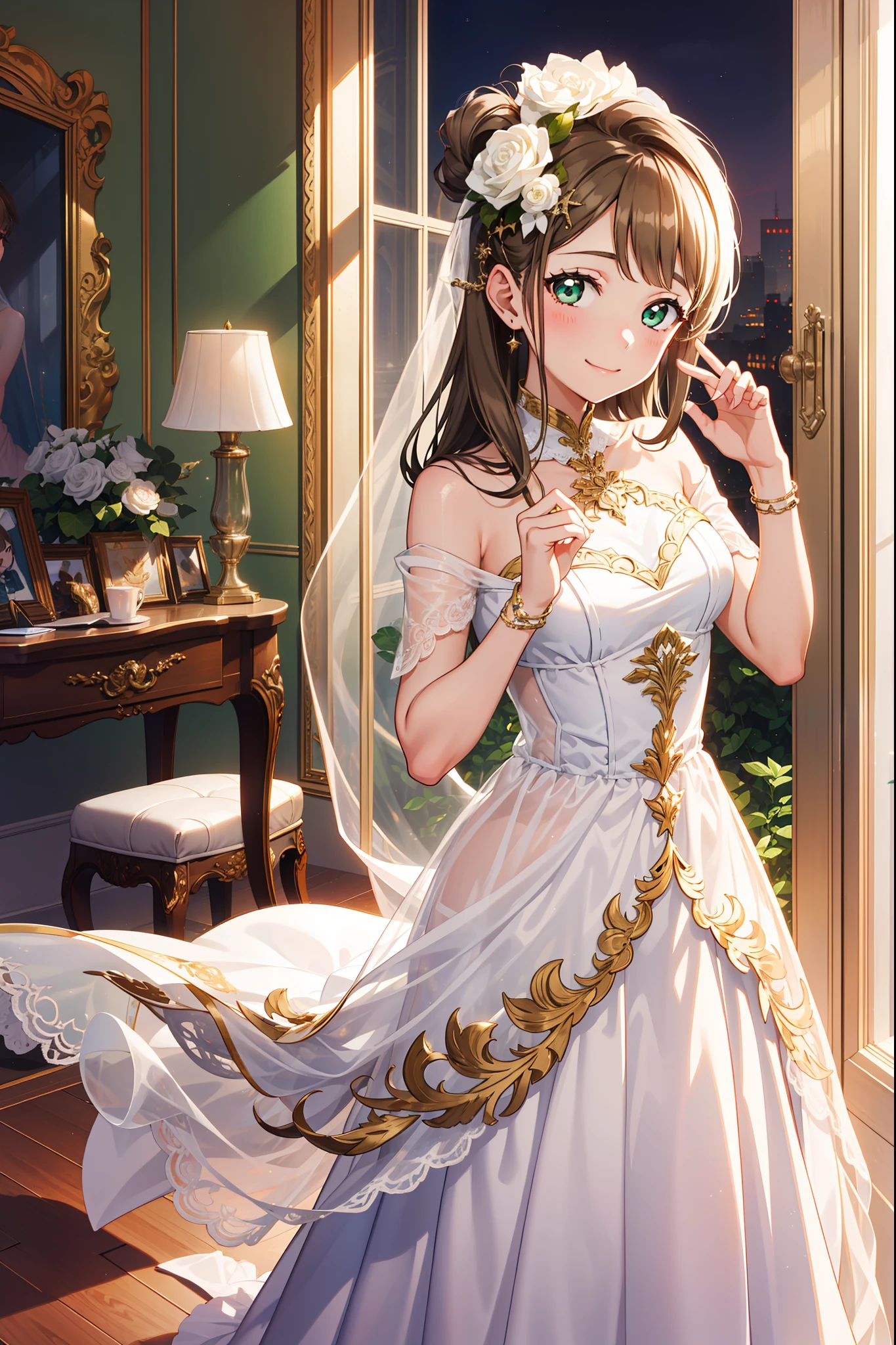 teens girl，Enchanted，ssmile，Being in love，divino，Light white wedding dress，Brown hair，Seductive pose，Pale green cloth，see-through transparent clothes，exquisite costumes，A small amount of lace，Bedrooms，solo person，the night，lacepantyhose