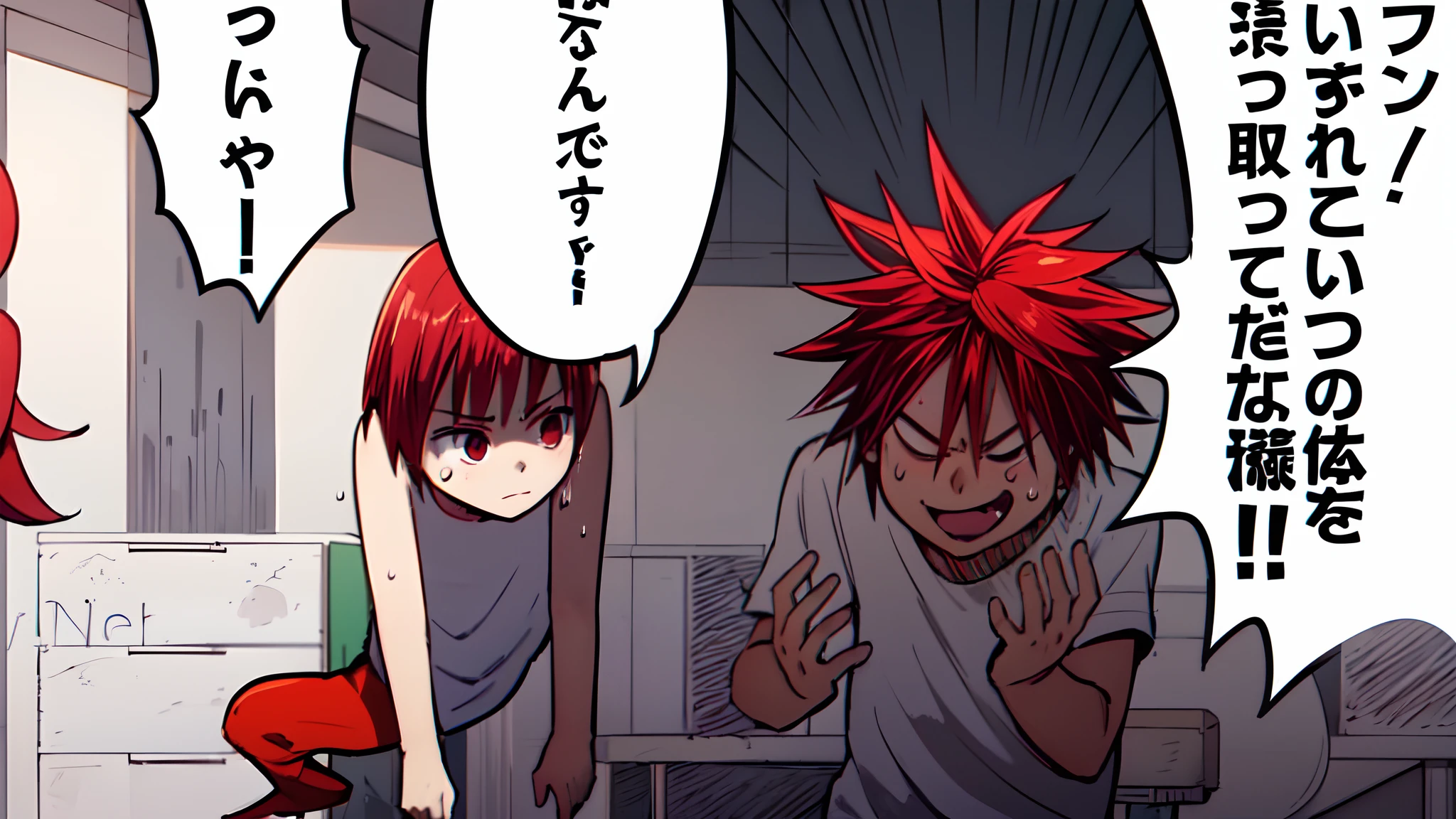 a anime of a boy cartoon, red hair, sweat, shirt, manga, text manga, color manga, manga color, color manga, color manga panel, a white background