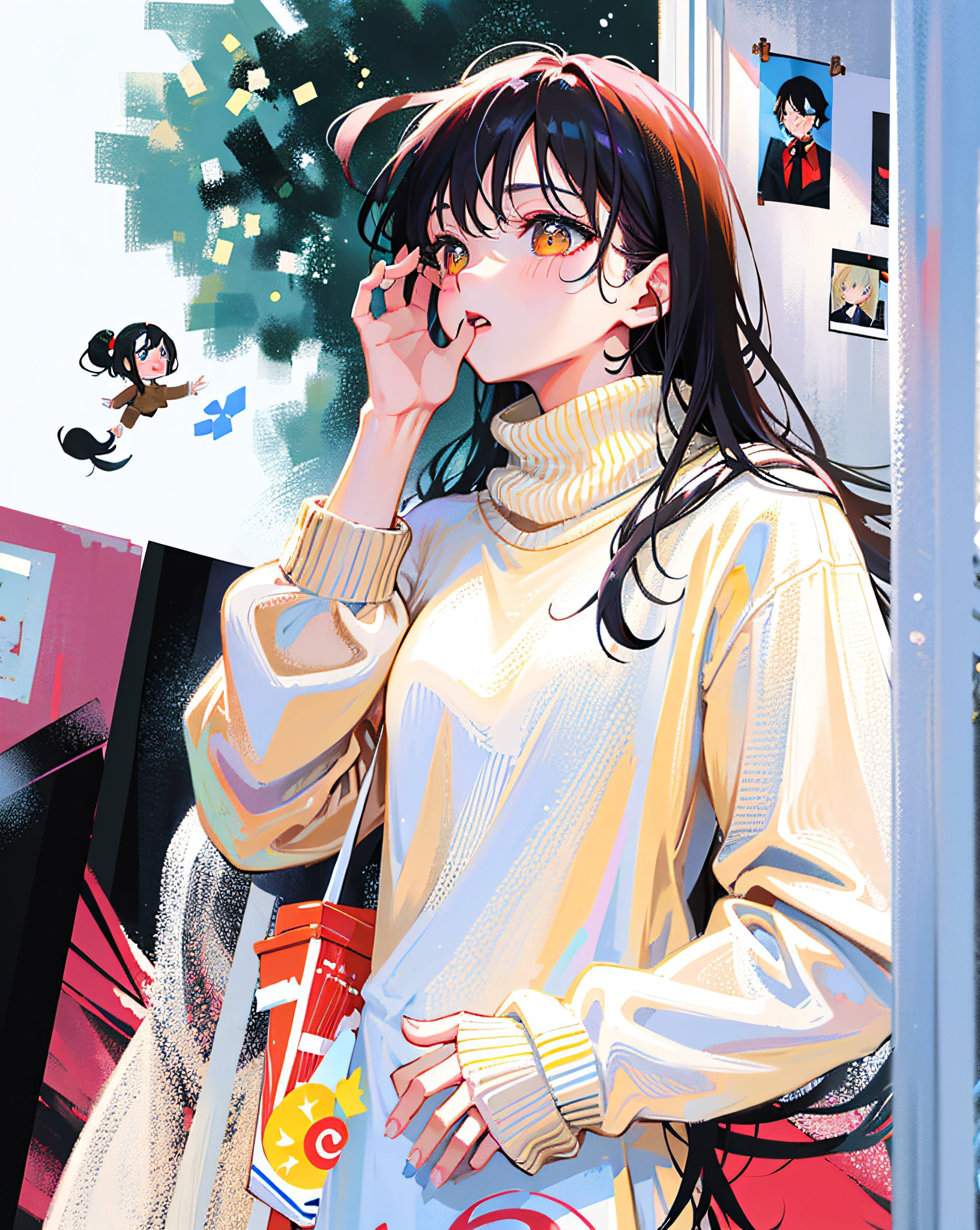 (Realistic painting style:1.0), Masterpiece, Best quality, absurderes, comic strip, illustration,
1 girl, Long hair, Black hair, Cute girl, young and cute girl, Korean girls, {Breasts},
long-sleeves sweater, Wear a long-sleeved sweater, Beige sweater,