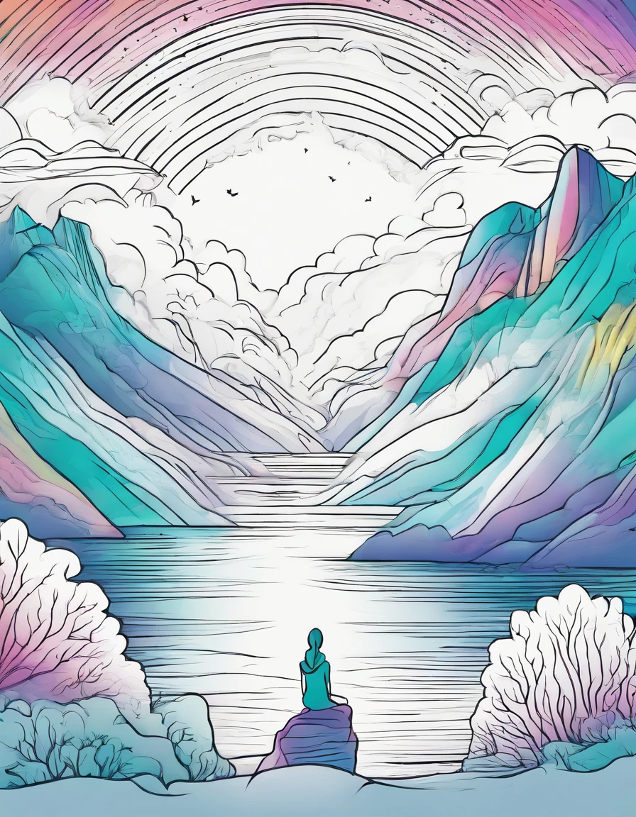 Rainbow aurora borealis background with girl in foreground praying