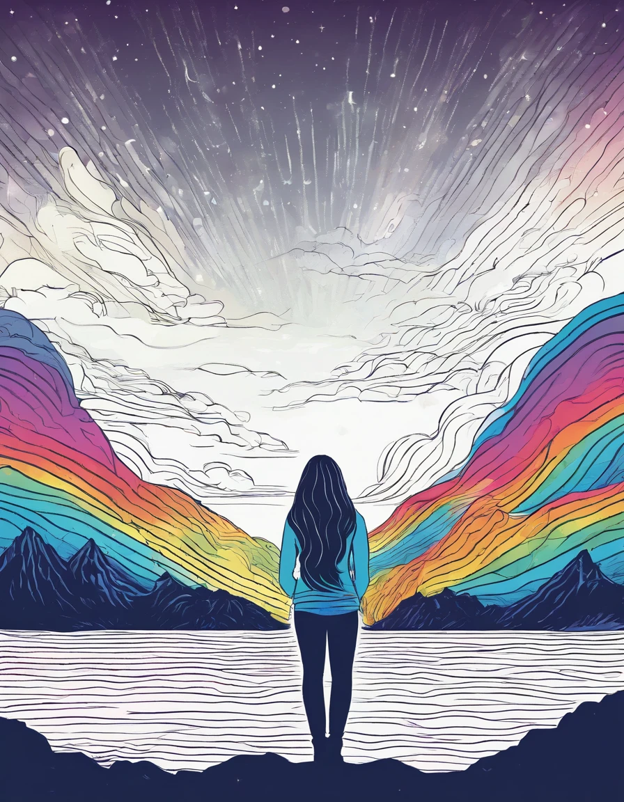 Rainbow aurora borealis background with girl in foreground praying