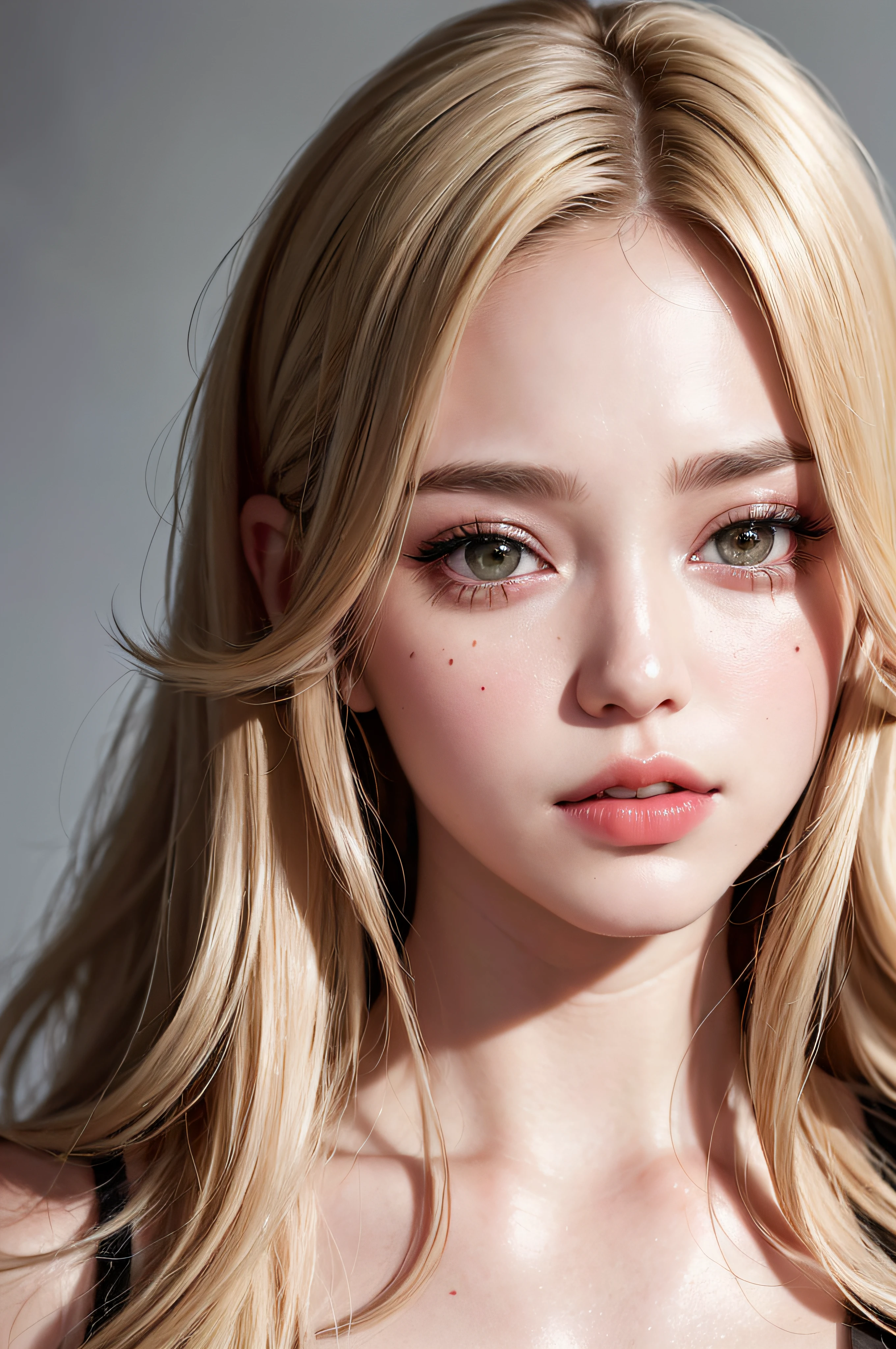 ru1n3dm4k3up, ruined makeup, mascara tears,Fr3ckles, freckles, ginger hair, medium breasts, long hair, grey eyes, solo, portrait,