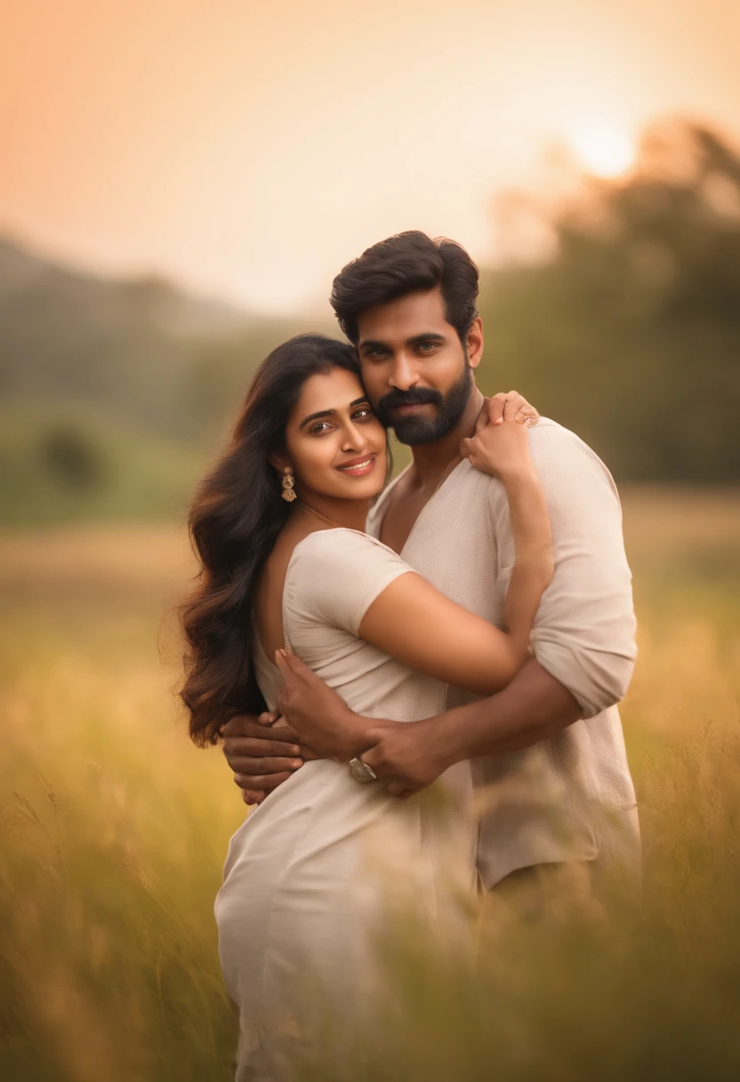 man and women looking at camera, malaysian indian, tamil, man and women looking at camera, malaysian indian, tamil, a beautiful couple romantic pose n and beautiful woman, Embraced, field, , cuddleso men, back to back, 4k, illustration, digital drawing, animification,y, couple, illustrate,