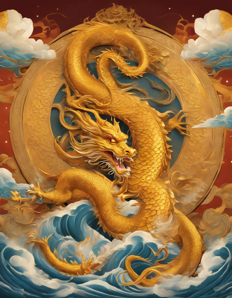 「Make an illustration of the golden dragon god。Long as a snake、Heading Up、Shōryū、Sunny sky、spiritual、Spirit、chakra、Spiritual world、Fantastical」