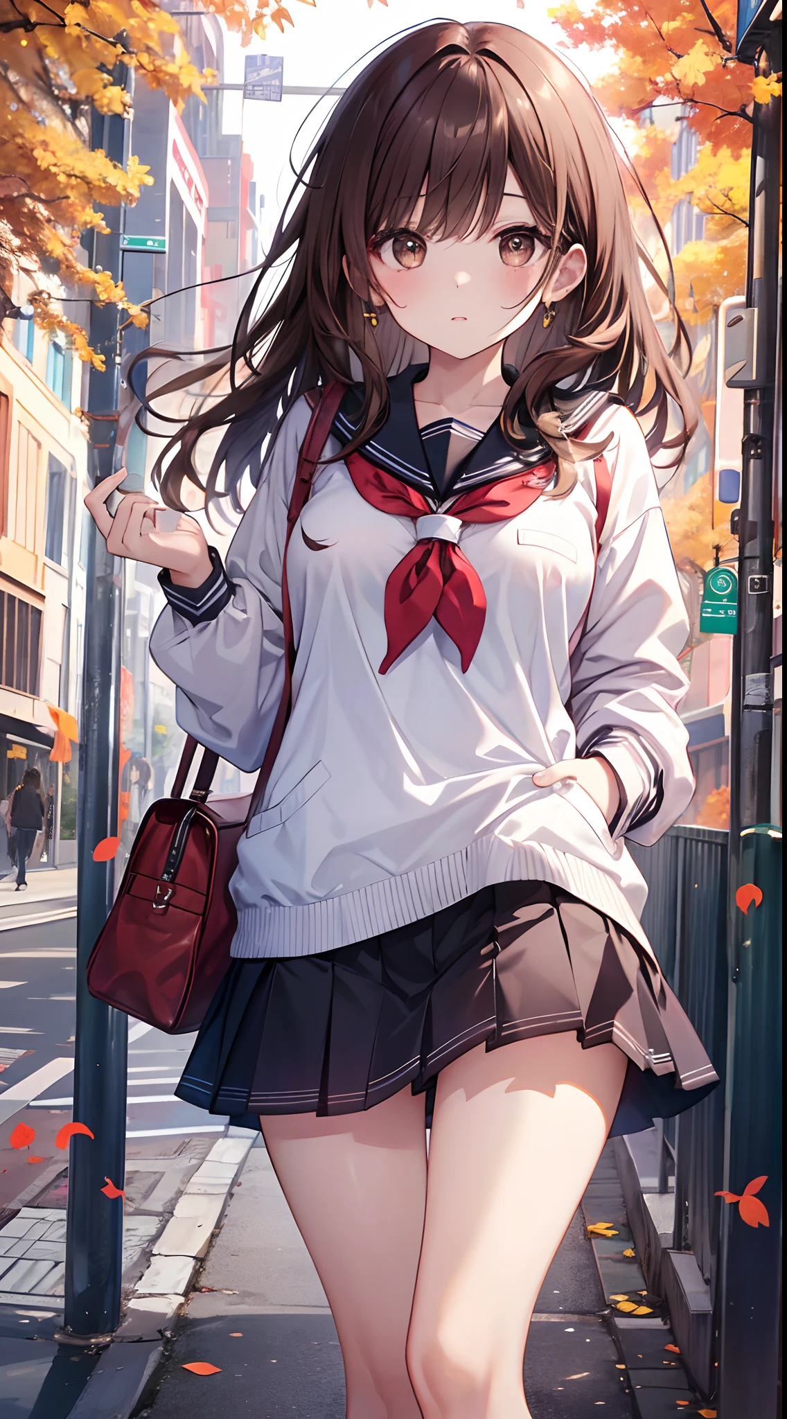 Hi-Res、​masterpiece、Brown hair、Soio、Female one、hi-school girl、schools、Colored leaves、细致背景、A detailed eye、（（Brown-eyed））,Beautiful and perfect legs, Clean and perfect hands