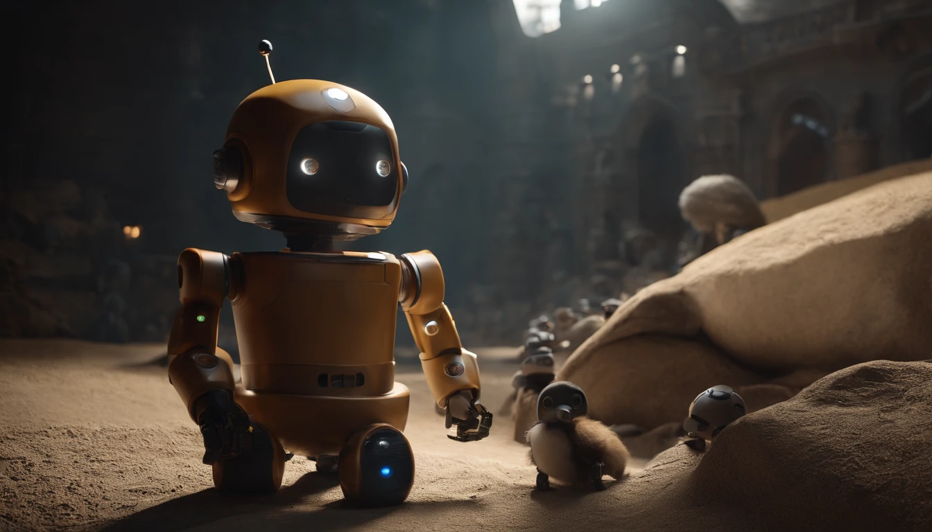 a baby, ??? Robot,(masterpiece,extreme detailed,top quality) , Ruin ,very cute robot, （Movie lighting），（light and shadow effect），（unreal-engine），（Tyndall），（cinema4d），（Super futuristic fantasy style），（8k wallpaper），（tmasterpiece），（Photography Award），realisticlying