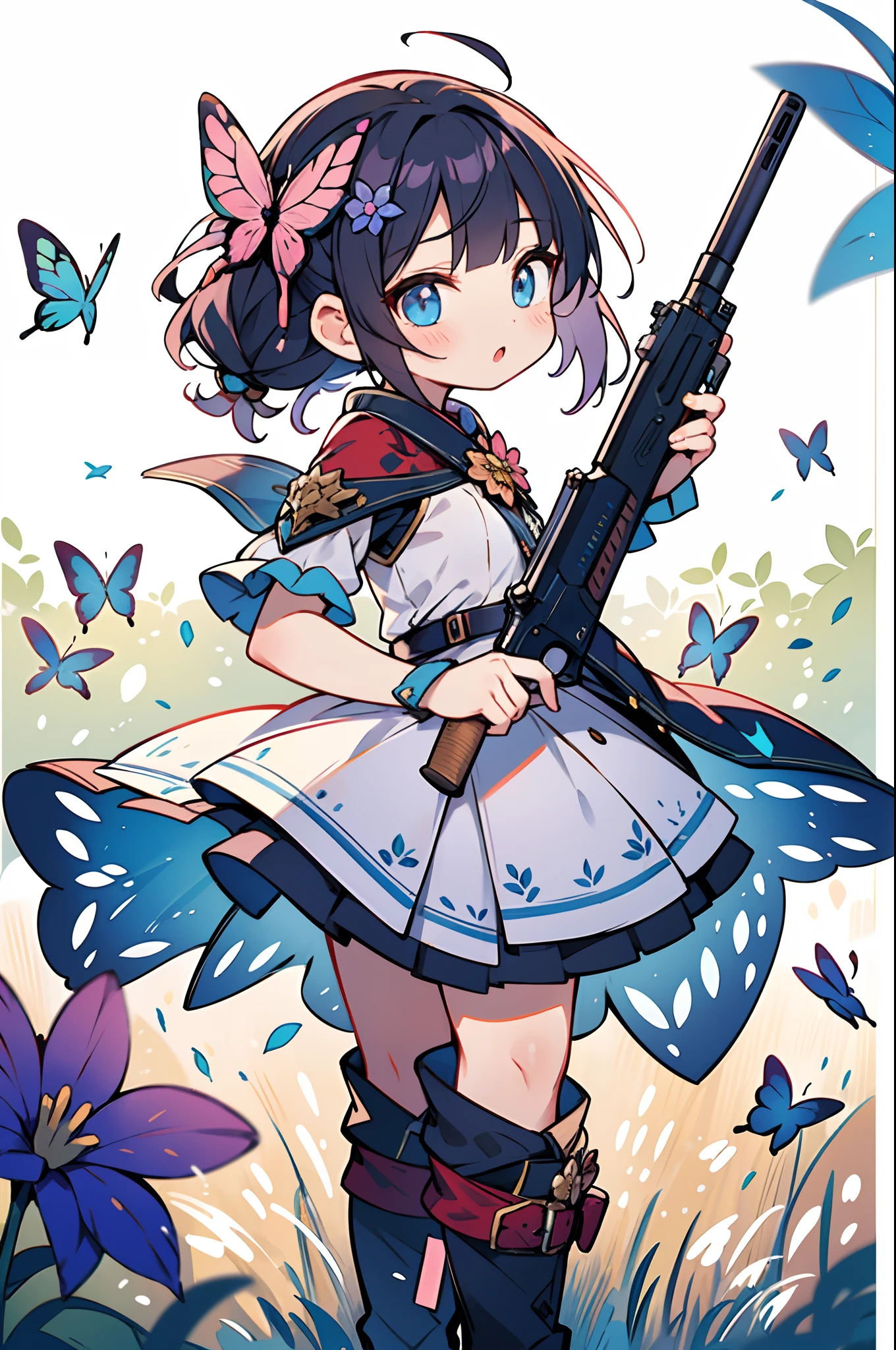 Octane Render、(Hyper-detailing: 1.15)、cinematic lightening、Taken from the side、Cute Fantasy Princess、Handgun shooting practice、Fine Pattern Pistol,long boots、ultradetailed eyes、Full Paint、（Floral hair ornament、butterfly hair ornament）、masutepiece、Anatomically correct、blur、depth of fields