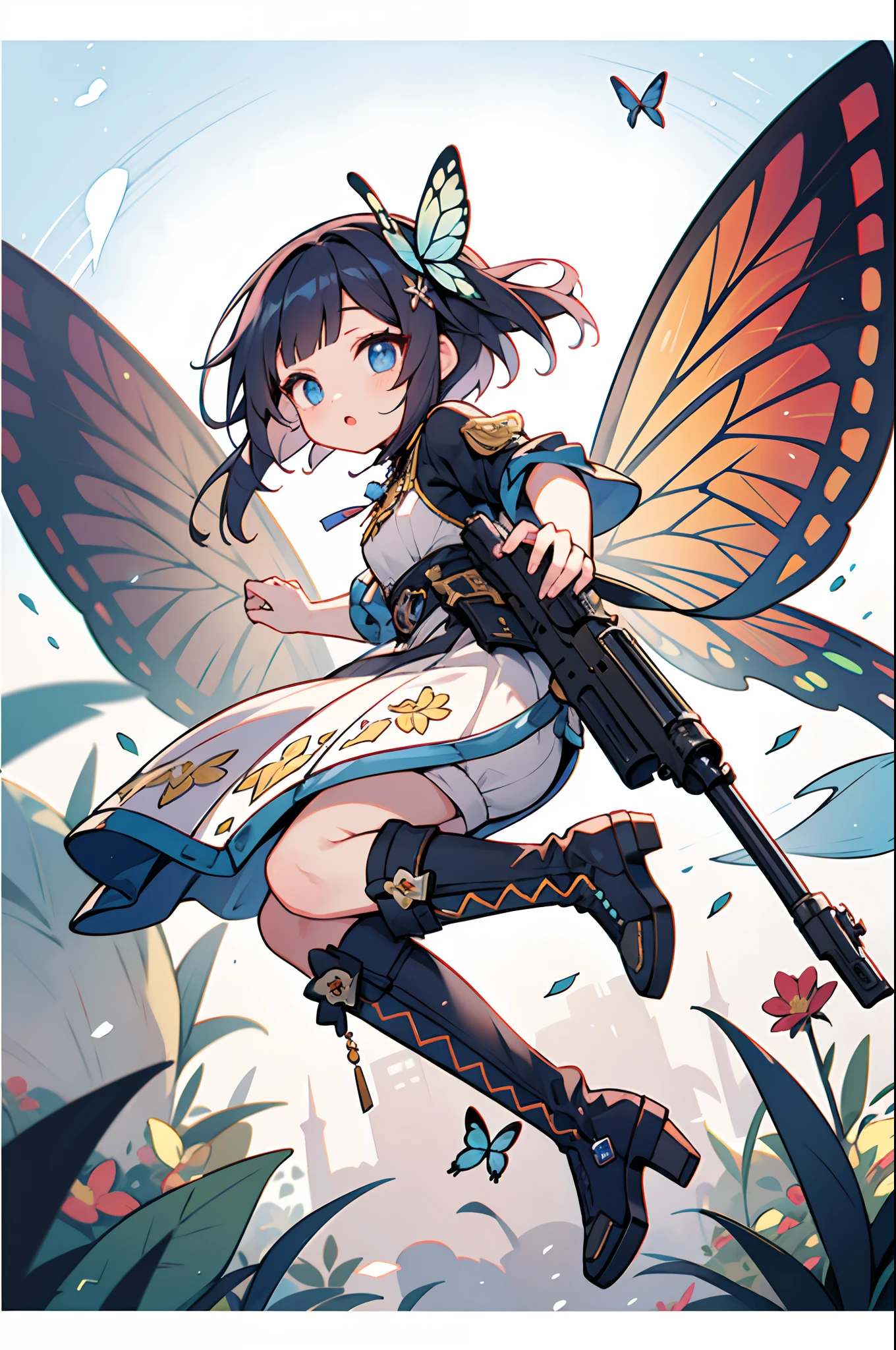 Octane Render、(Hyper-detailing: 1.15)、cinematic lightening、Taken from the side、Cute Fantasy Princess、Handgun shooting practice、Fine Pattern Pistol,long boots、ultradetailed eyes、Full Paint、(Floral hair ornament、butterfly hair ornament)、masutepiece、Anatomically correct、blur、depth of fields