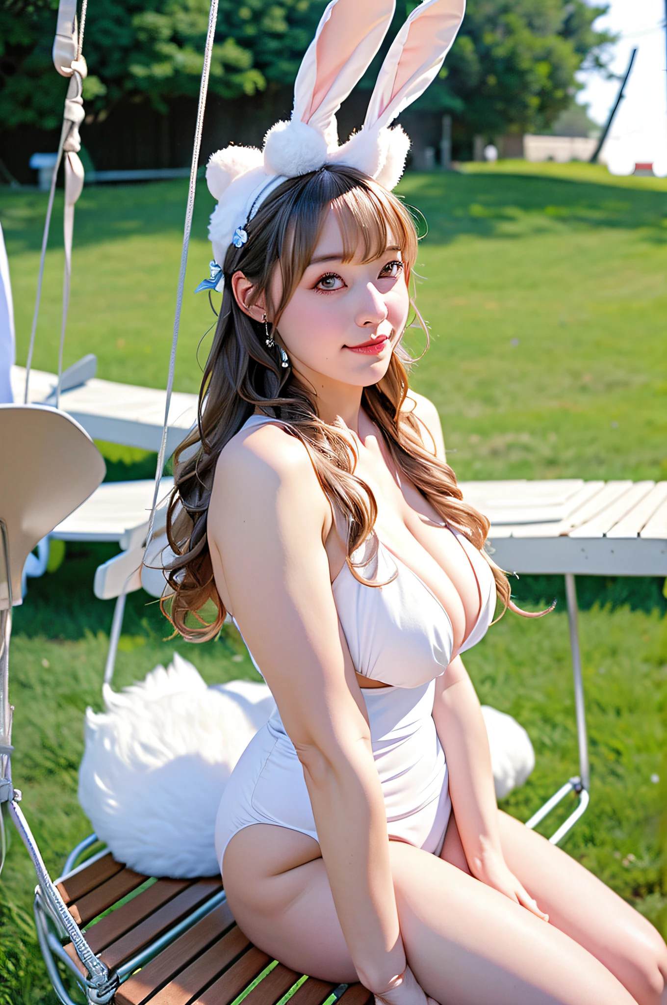 There is a woman sitting on a swing with rabbit ears on, Bunny Girl, With bunny ears, ultrarealistic sweet bunny girl, shikamimi, with long floppy rabbit ears, in bunny suits, with large rabbit ears, With bunny rabbit ears,爆乳, Bunny suit