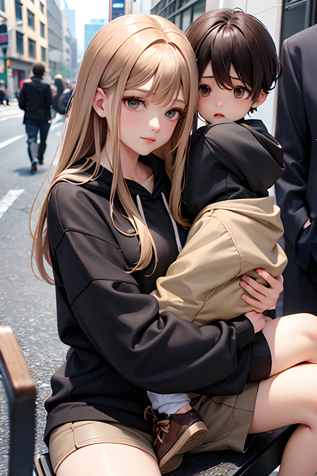 mom dressed in a light brown skirt and a black hoodie. holding her son on her, streets, sitting on lap, shorts