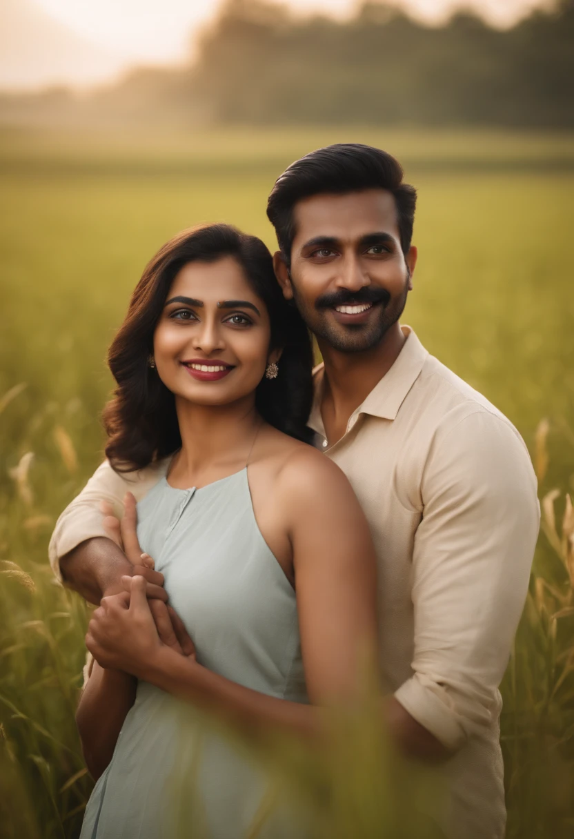 man and women looking at camera, malaysian indian, tamil, a beautiful couple romantic pose n and beautiful woman, Embraced, field, , cuddleso men, back to back, 4k, illustration, digital drawing, animification,y, couple, illustrate,