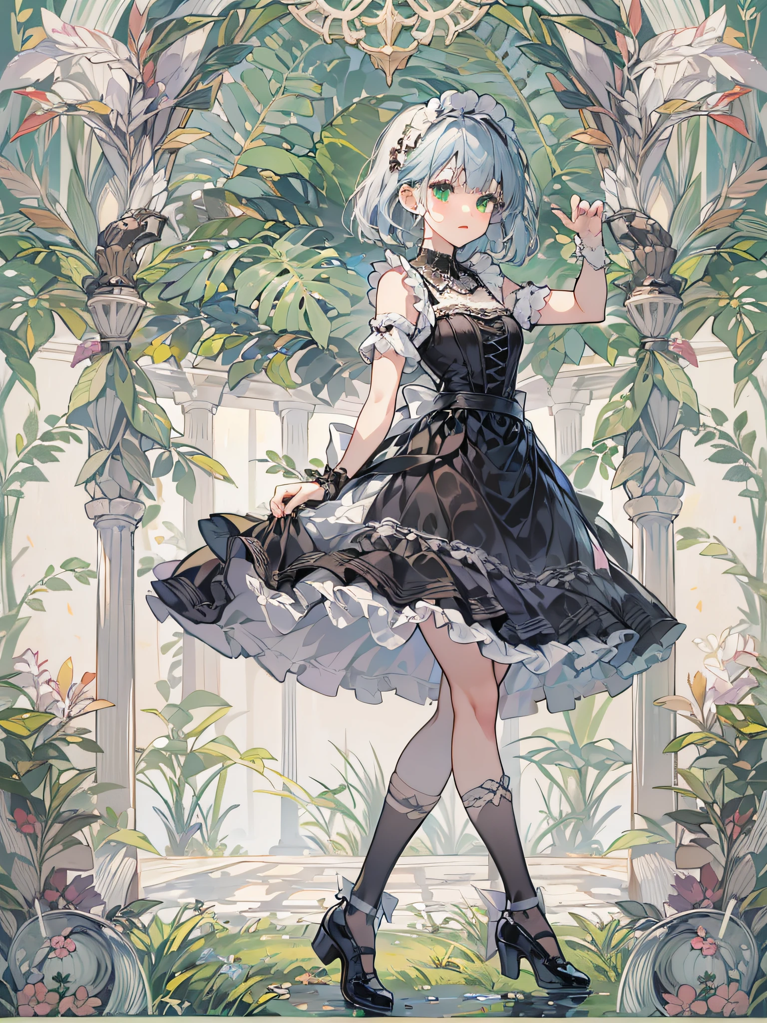 teen girl, solo, full body, blue silver hair, blunt bangs and short hair, green eyes,  She is standing one foot and other foot to back that is arabesque style like a ballet, She is wearing black maid costume, white lace collar with, white color apron that has breastplate and has white lace ruffles at shoulder straps, head dress with white lace ruffles, black strapped shoes, Mucha-Style Backgrounds