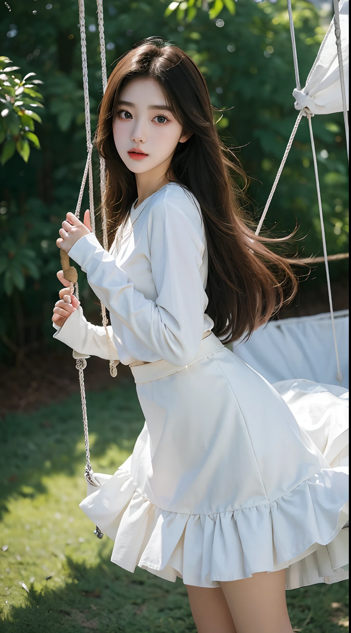 (Best quality, Masterpiece), 1girll, Korean girls，18yr old，Absolutely beautiful, Amazing, Swing on the swing，Noble,perfect bodies, Charming eyes，Bright big eyes，Long eyelashes，sensual lip，White skin，The gauze skirt flew up，Very real，goodlooking，Ethereal beauty