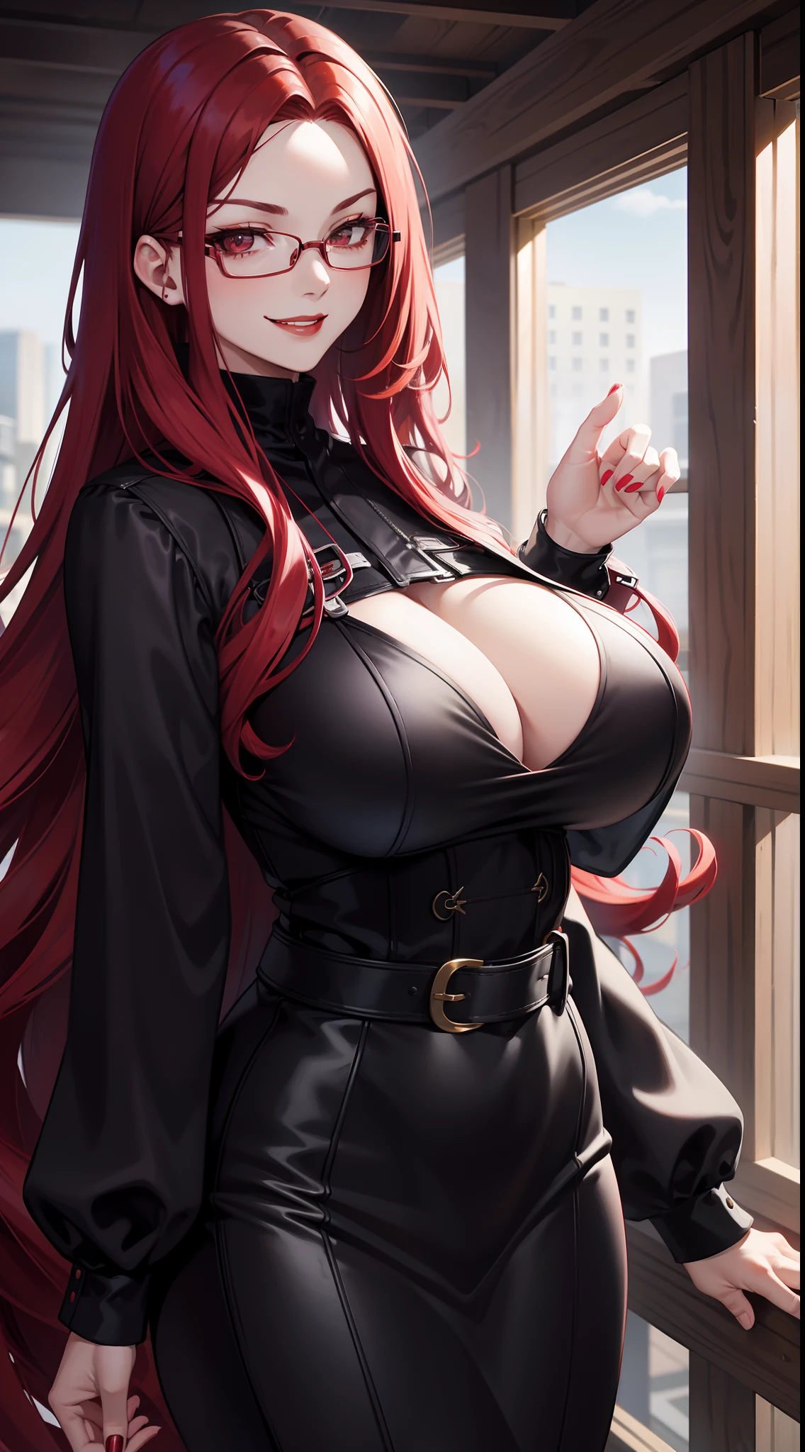 Adult woman, Long red hair, Brown eyes, eyeglasses, red lipstick, large breasts, Black Dense Overall Shape, evil, smirk, fetters, open breasts, Masterpiece, hiquality, 4k, HD, Good detail