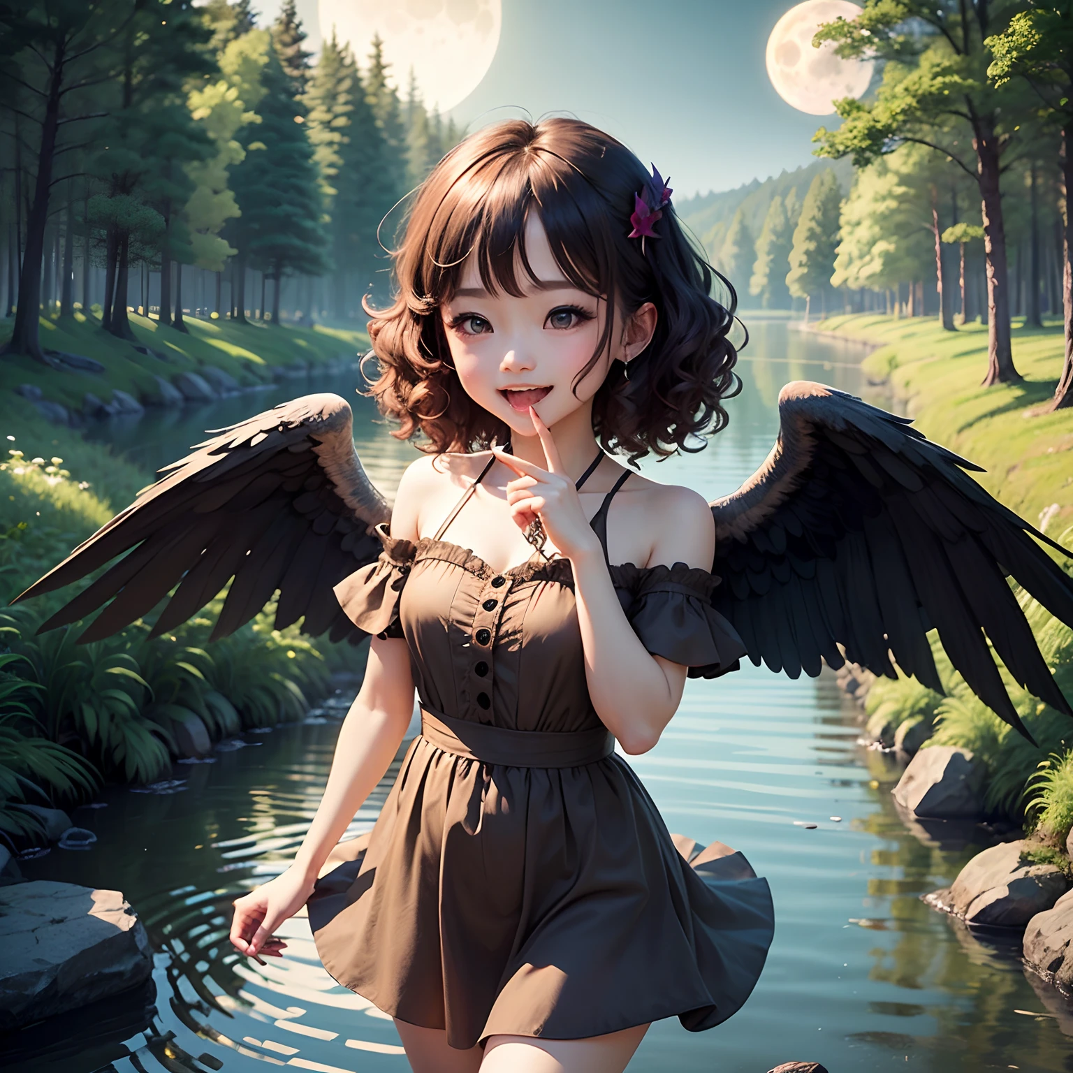 ​masterpiece、top-quality、ultra-detailliert、(Daughter of a fallen angel:1.2)、(Chibi Chara:1.1)、wraith、Curly hair、Open your mouth and smile、lake in the middle of a forest、Jumping、evening glow、fullmoon、