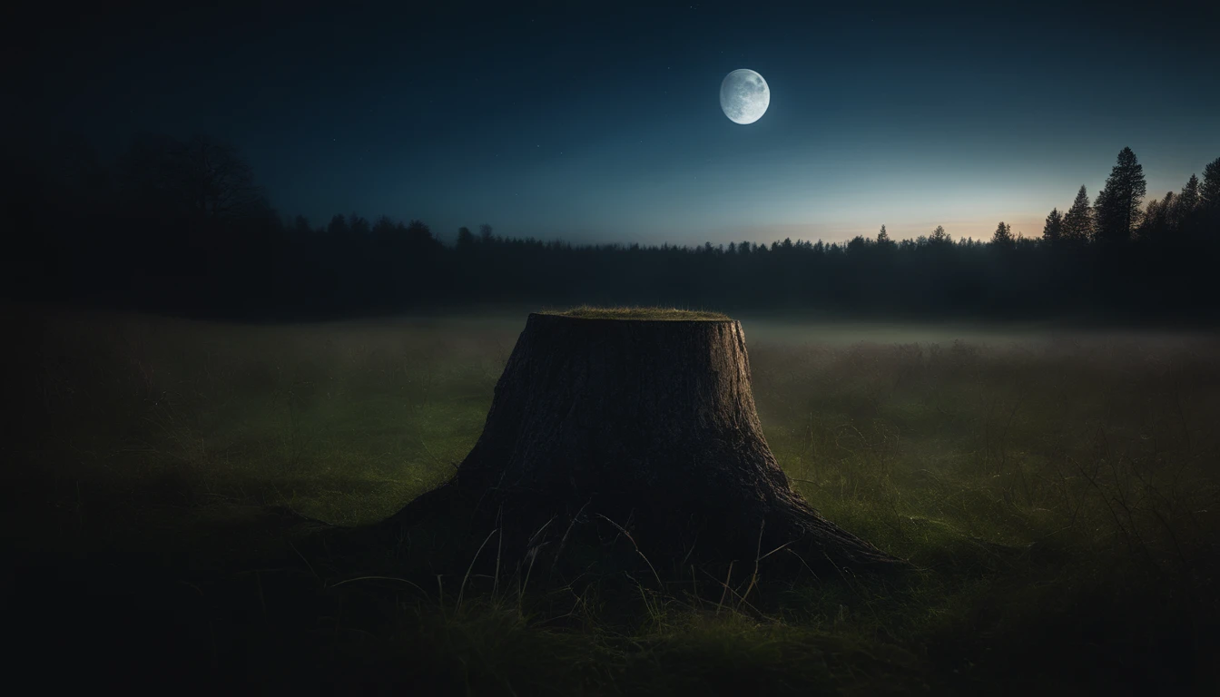 grassland, stump, forests, nighttime, moon