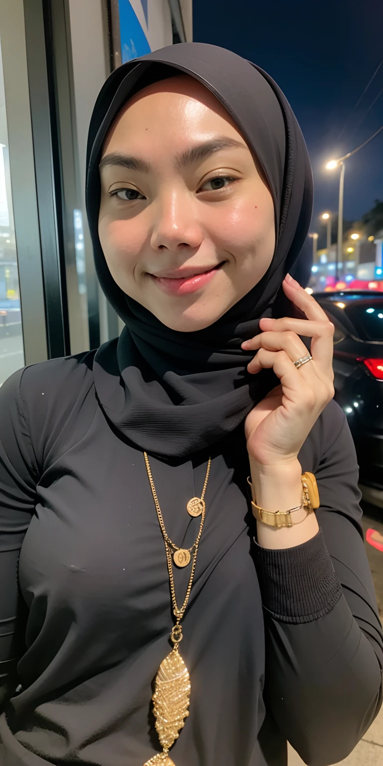 1 matured malay girl in hijab, Tokyo street,night, cityscape,city lights,upper body,close-up,smile,, (8k, RAW photo, best quality, masterpiece:1.2),(realistic, photo-realistic:1.37),