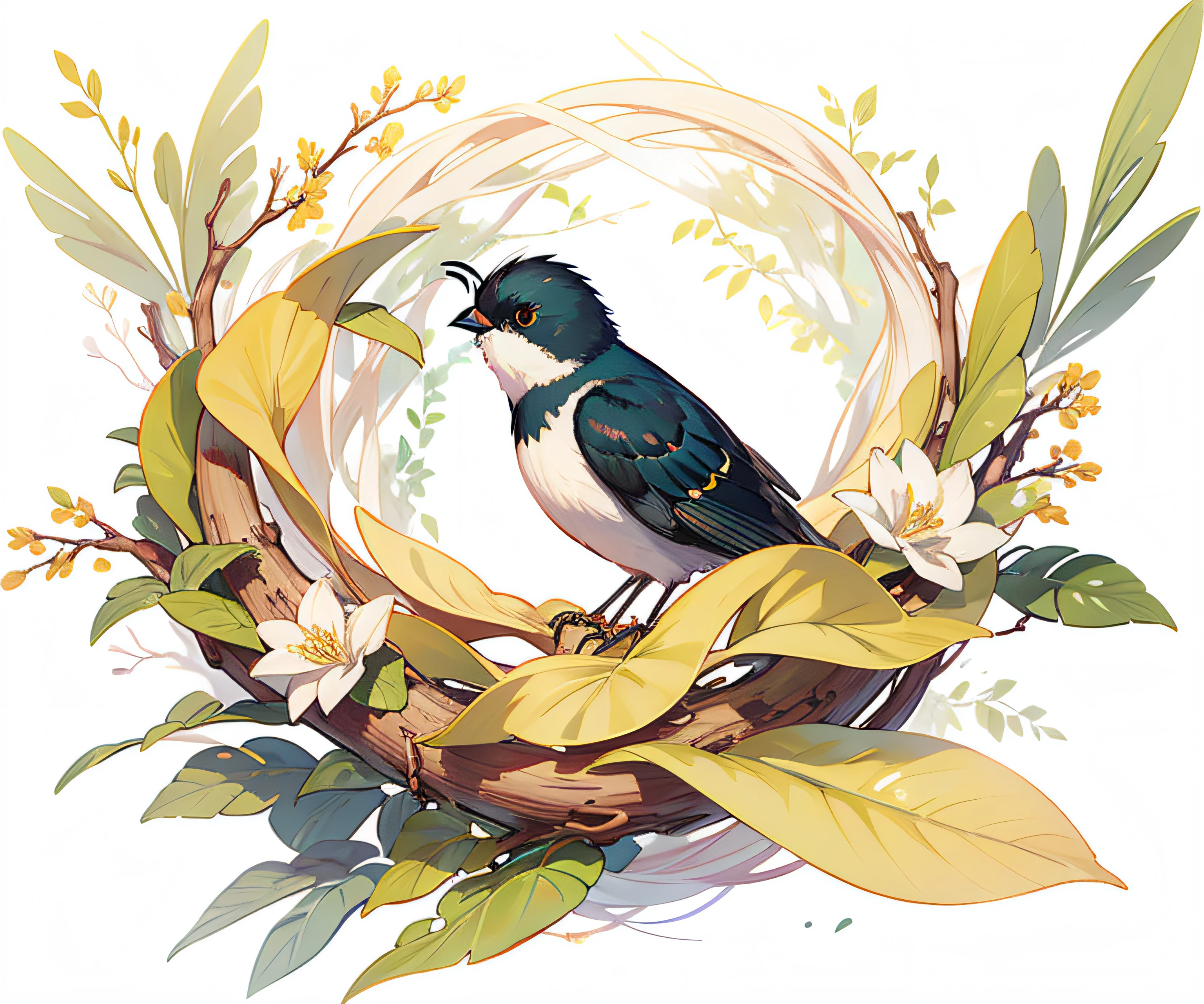 tmasterpiece,best qualtiy,(Very detailed CG unity 8K wallpaper)(best qualtiy),(Most Best Illustration),(Best shadow)Nature',The nest formed by the staggered branches contains a bird swallow of the passerine family of birds,Delicate leaves, petals of various colors fall in the air, Light Tracking,ultra - detailed,No Man --v6