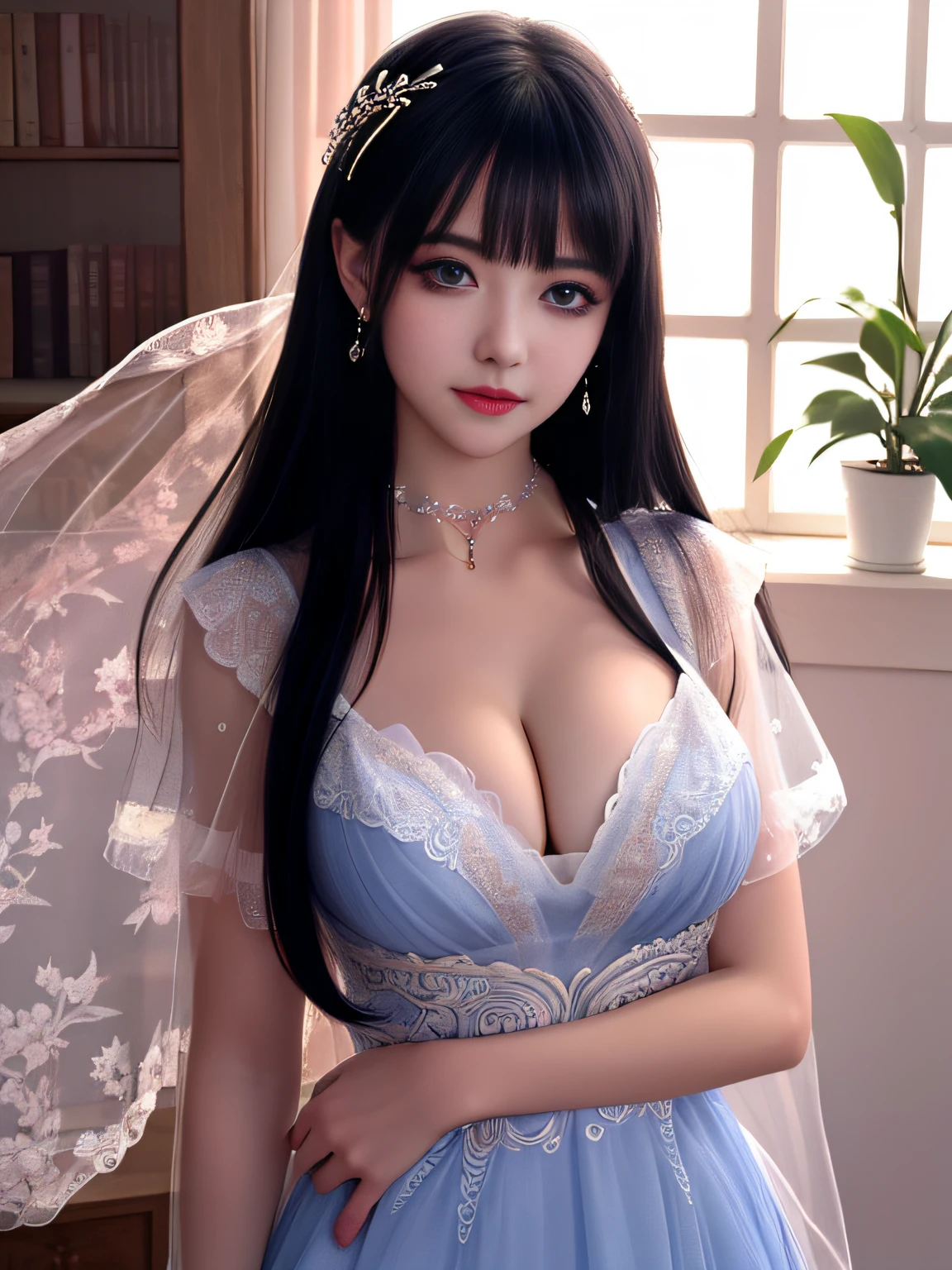 absurderes,unbelievable Ridiculous,hugefilesize,ultra - detailed,Heres,The is very detailed,Best quality at best,tmasterpiece,illustration,An extremely delicate and beautiful,The is very detailed,CG,Solidarity,8k wallpaper,An Astonishing,finely detailled,tmasterpiece,Best quality at best,offcial art,extremely detailed CGunity8k wallpapers,1girll,独奏,Blue hair,eBlue eyes,Long hairs,Hairoveroneeye,Keep your mouth shut,Star symbol,jewelry,Floating hair,hair adornments,By bangs,The upper part of the body,You can see through it at a glance,sportrait,shine,choker necklace,eyeslashes,Bigchest,There is a deep cleavage,There is a bright light on the chest,The cleavage looms and is extremely delicate and beautiful,Delicate collarbones,beautiful make up,Exquisite and perfect facial features