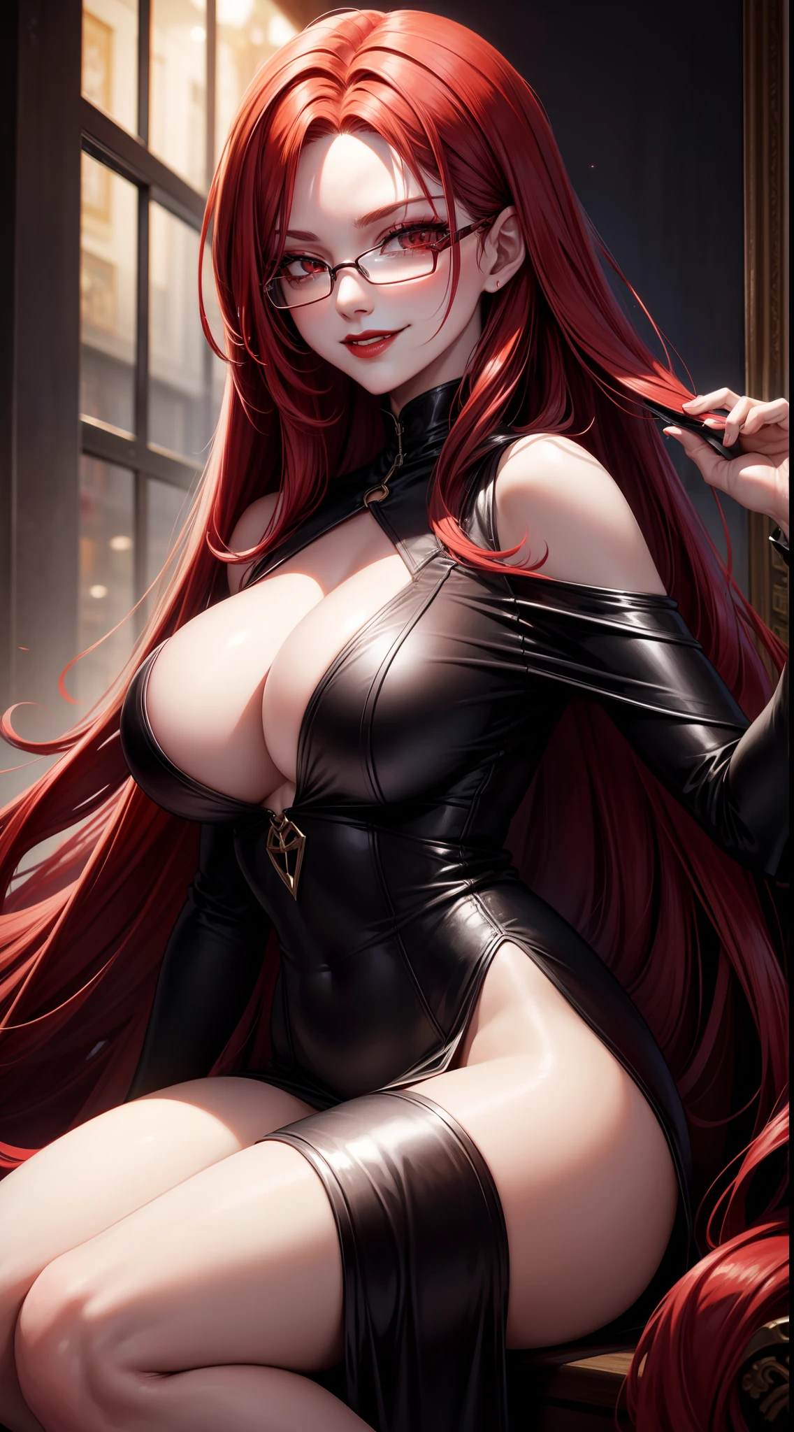 Adult woman, Long red hair, Brown eyes, eyeglasses, red lipstick, large breasts, Black Dense Overall Shape, evil, smirk, fetters, open breasts, Masterpiece, hiquality, 4k, HD, Good detail