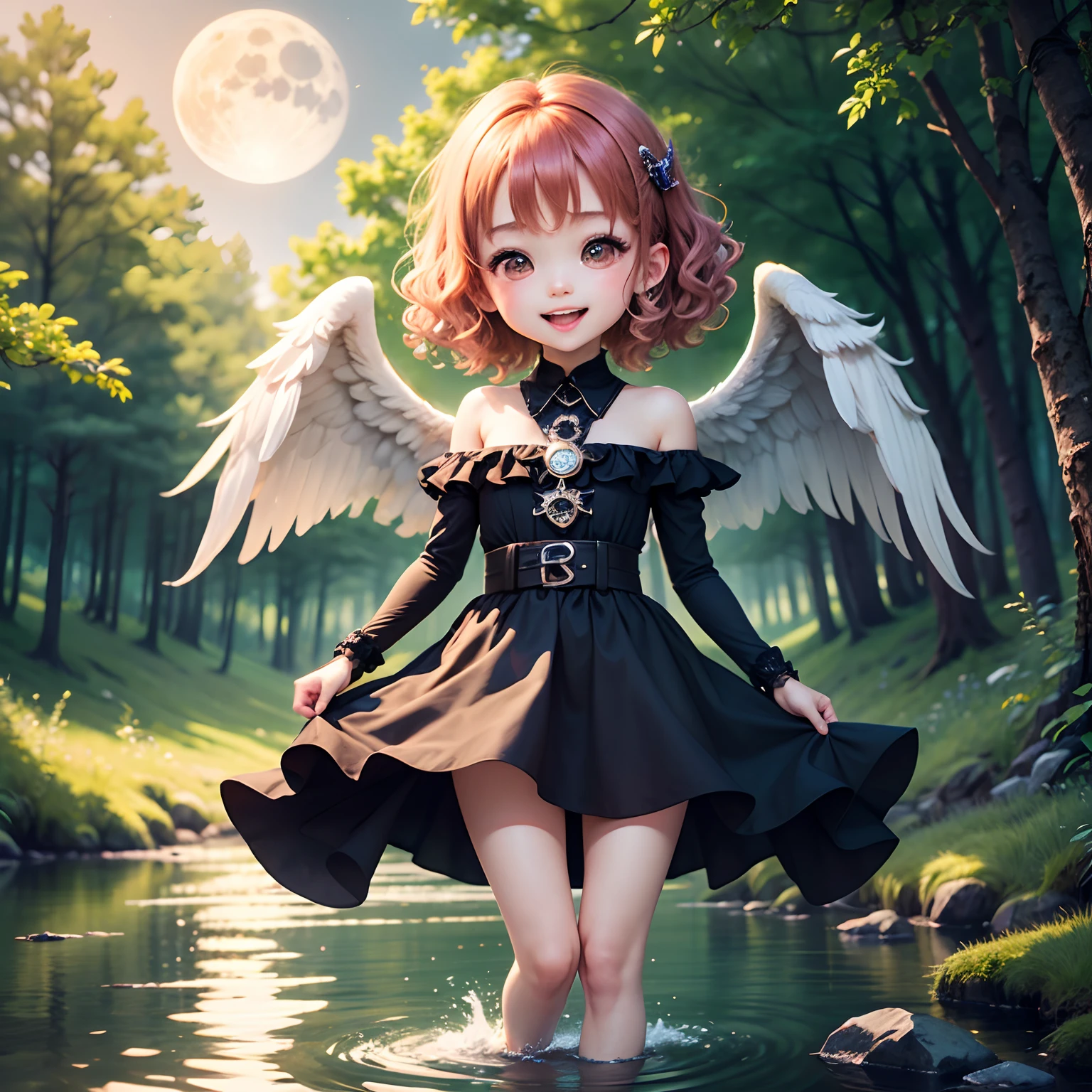 masterpiece、top-quality、ultra-detailliert、(Daughter of a fallen angel:1.2)、(Chibi Chara:1.3)、wraith、Curly hair、Open your mouth and smile、lake in the middle of a forest、Jumping、Evening glow、fullmoon、