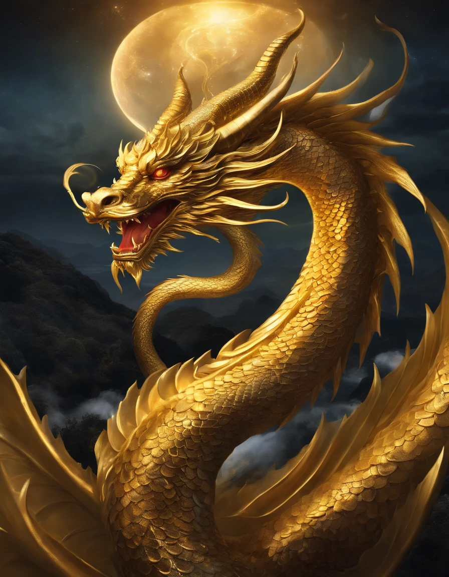 "Create an illustration of a golden dragon deity. It should have serpent-like, metallic scales, ascending upwards, against a clear and bright sky. This illustration embodies spirituality, the realm of the spirit, chakras, the spiritual world, and a fantastical atmosphere."