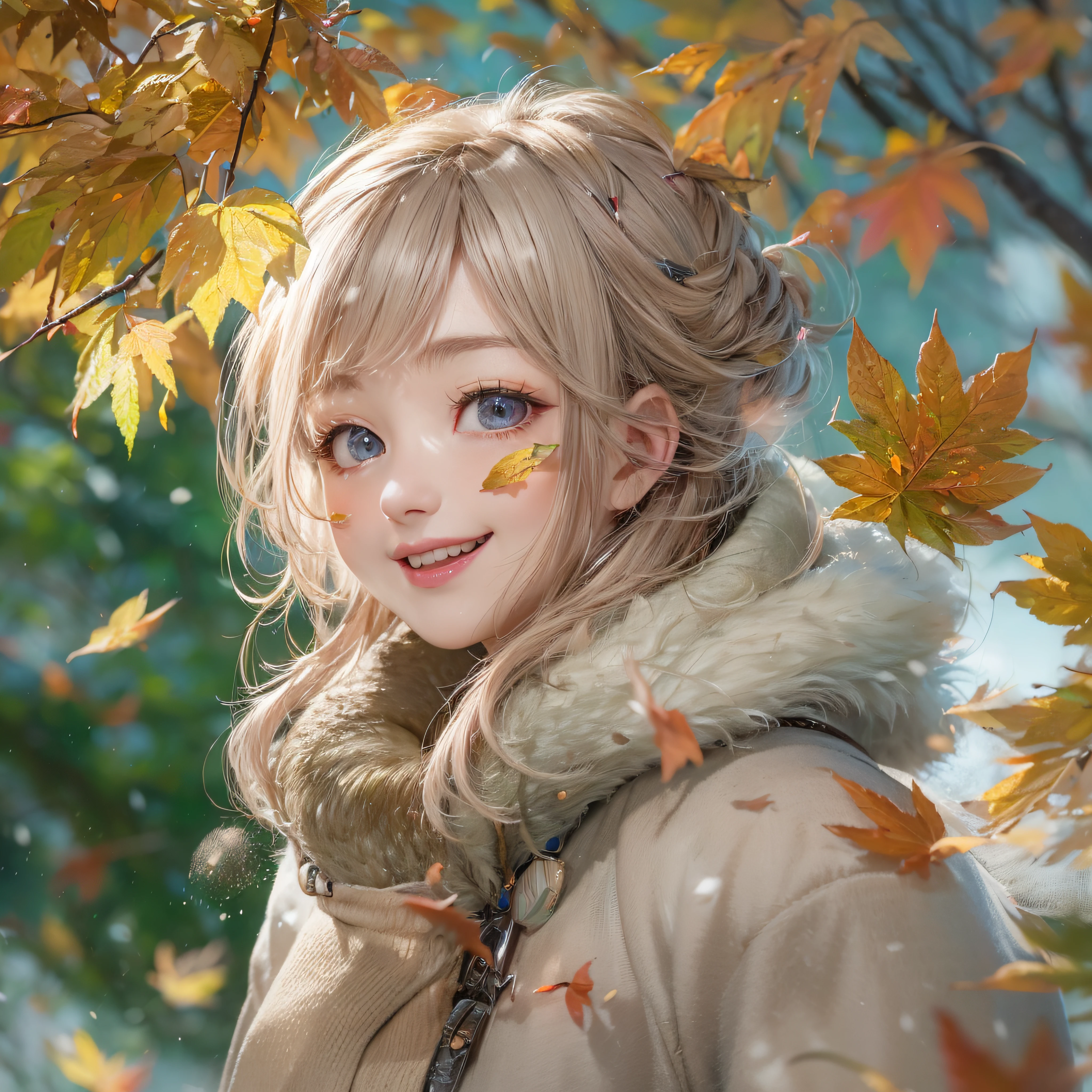 Autumn landscape、Close-up of laughing face、Facing the front、Designer、super model、Pink tattoo makeup、Glossy lips、Shining eyes、(realisitic、hight resolution)、(1 girl in)、Do-Up Eye、Korean Girl、(Best Quality), (masutepiece), (1girl in), Solo, a beauty girl, Perfect face, Highly detailed airbrush art((Surreal))、Volumetric lighting、(top-quality)、The ultra-detailliert、Highly detailed colorful details、(Bright lighting)、Her eyes are glowing pink、Her face is full of anticipation and courage for adventure.、A smile comes to her lips、An air full of smiles and adventurous spirit、Powder snow is falling on the snowy mountains behind。Its light brings the light of dead leaves、Creates a scenery of fluttering dead leaves..。Her courage and determination are condensed.、Eye-catching presence。Her eyes are shining。Autumn landscape、Dead leaves are fluttering。leaves falling