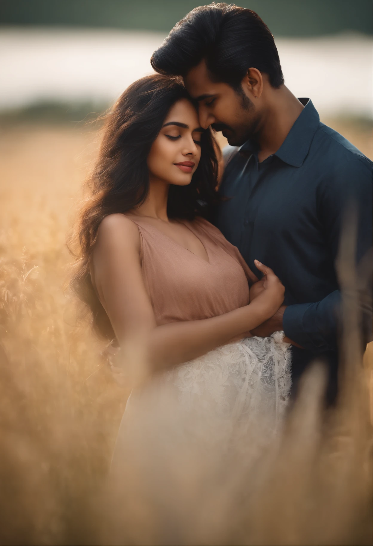 Embraced, field, , cuddleso men, back to back, 4k, illustration, digital drawing, animification,y, couple, illustrate,, malaysian indian, tamil, a beautiful couple romantic pose n and beautiful woman,