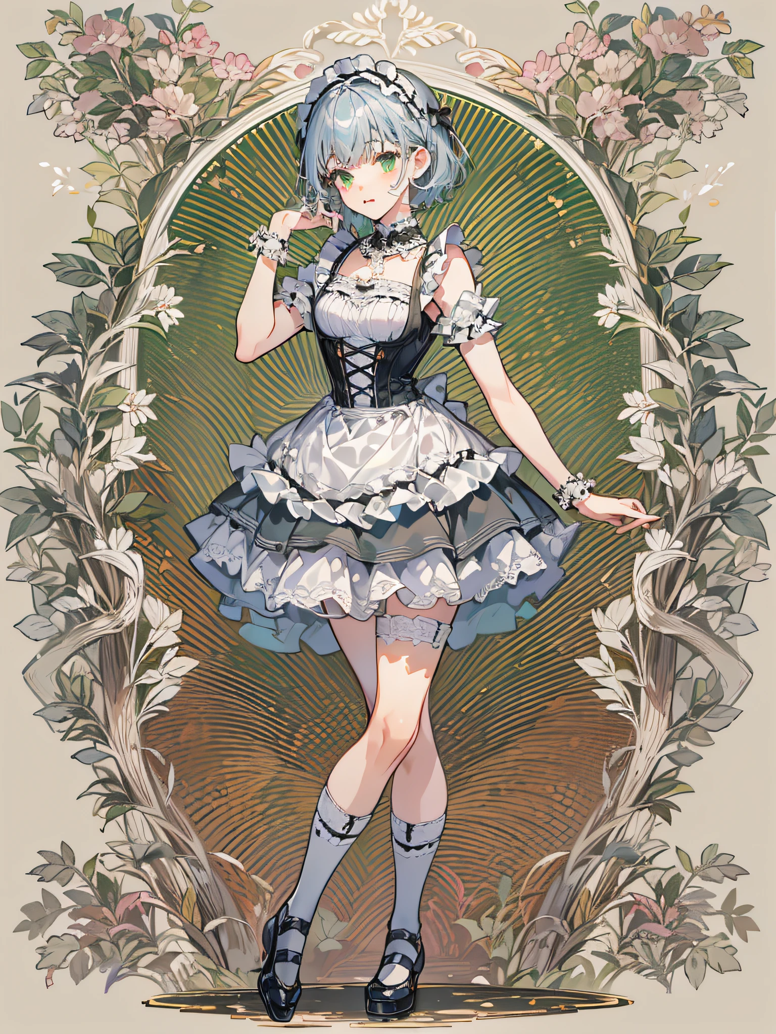  girl, solo, full body, blue silver hair, blunt bangs and short hair, green eyes,  She is standing one foot and other foot to back that is arabesque style like a ballet, She is wearing black maid costume, white lace collar with, white color apron that has breastplate and has white lace ruffles at shoulder straps, head dress with white lace ruffles, black strapped shoes, Mucha-Style Backgrounds