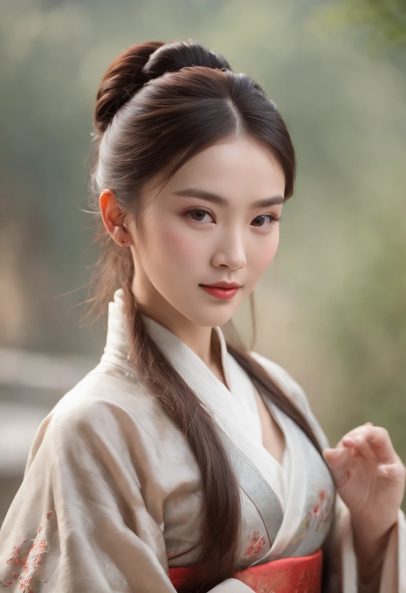 A beautiful woman dressed in Han costume，Holding a painting in both hands，hair-bun，Hanfu，middle aged women，aged 40，Stunning，｛Full body like｝，(Best quality,4K,8K,A high resolution,Masterpiece:1.2),(Ultra-detailed),(Realistic,Photorealistic,photo-realistic:1.37),(hdr),(hyper HD),(Studio lighting),(Ultra-fine painting),(Sharp focus),(Physically-based rendering),(Extreme detail description),(professional),(Vivid colors),(Bokeh),(sportrait),(Chinese calligraphy),(Warm color tones),(Soft lighting)，exteriors，Chinese Ancient Architecture