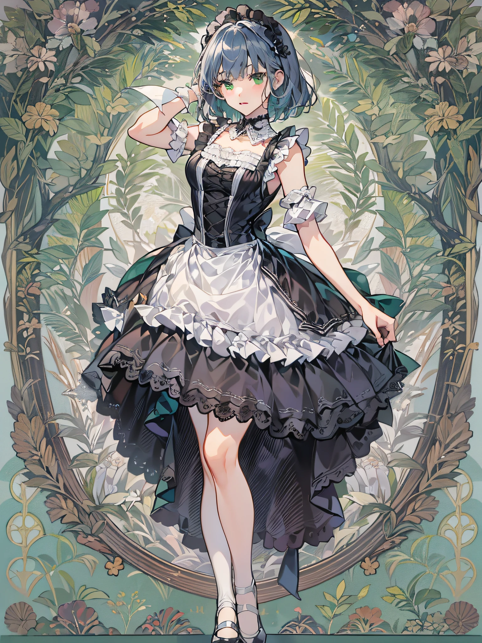  girl, solo, full body, blue silver hair, blunt bangs and short hair, green eyes,  She is standing one foot and other foot to back that is arabesque style like a ballet, She is wearing black maid costume, white lace collar with, white color apron that has breastplate and has white lace ruffles at shoulder straps, head dress with white lace ruffles, black strapped shoes, Mucha-Style Backgrounds