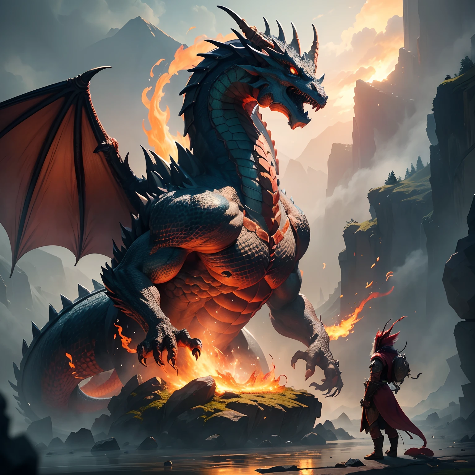The dragon,Dragon of ancient legends,Giant Dragon,Blowing fire,Monster Hunter,masterpiece,HD Images,Mythical dragon,Fantasia,
